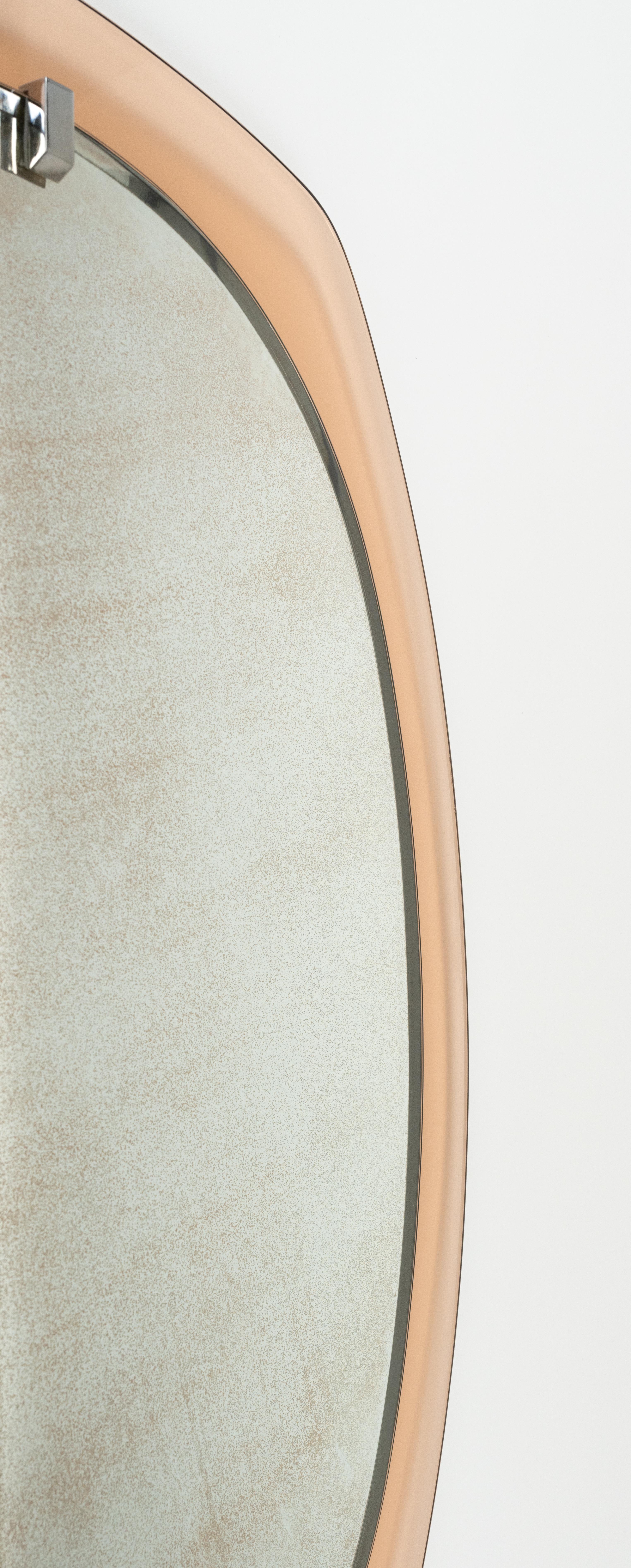 Midcentury Glass Pink Oval Wall Mirror by Veca, Italy 1970s For Sale 9