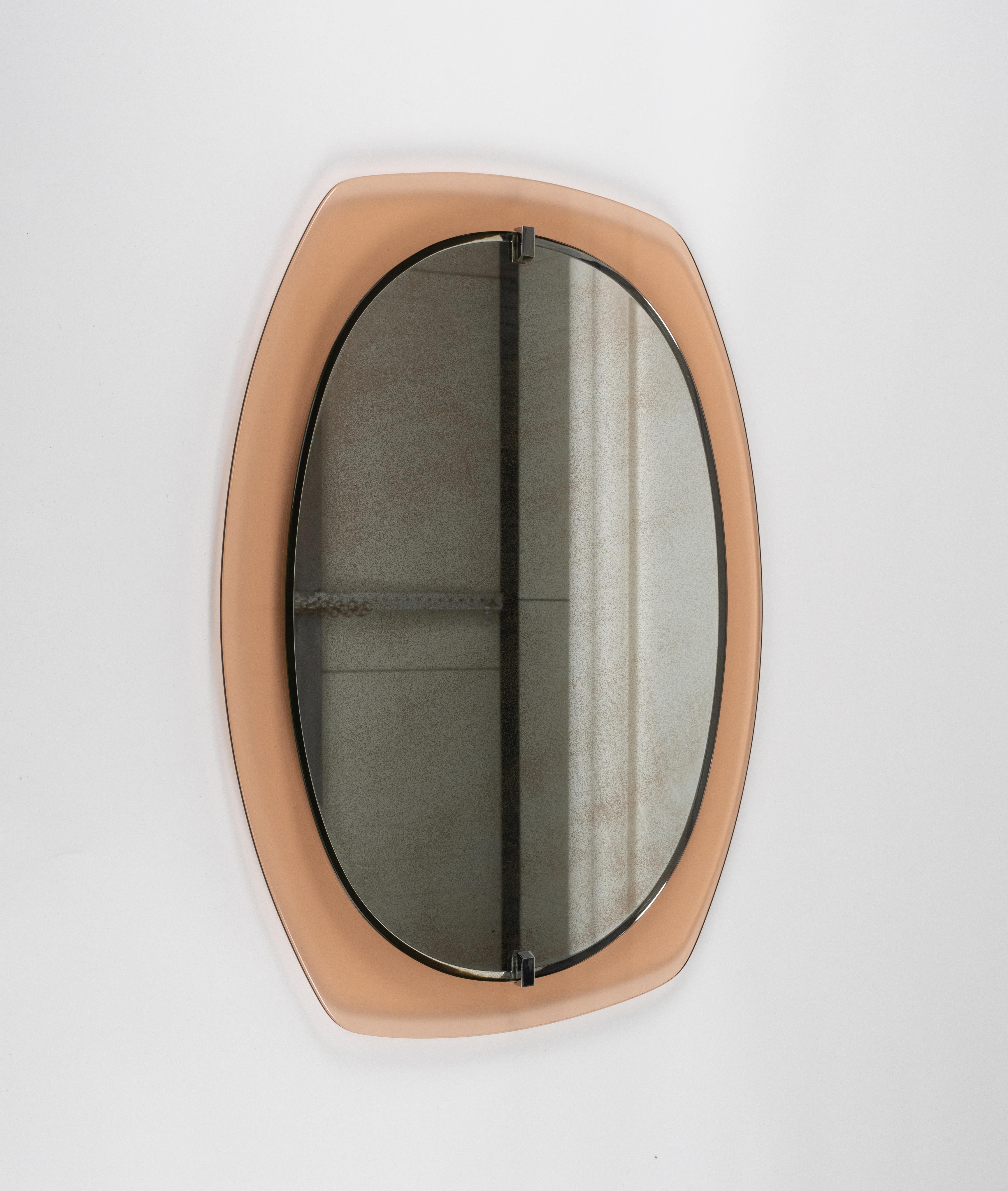 Late 20th Century Midcentury Glass Pink Oval Wall Mirror by Veca, Italy 1970s For Sale