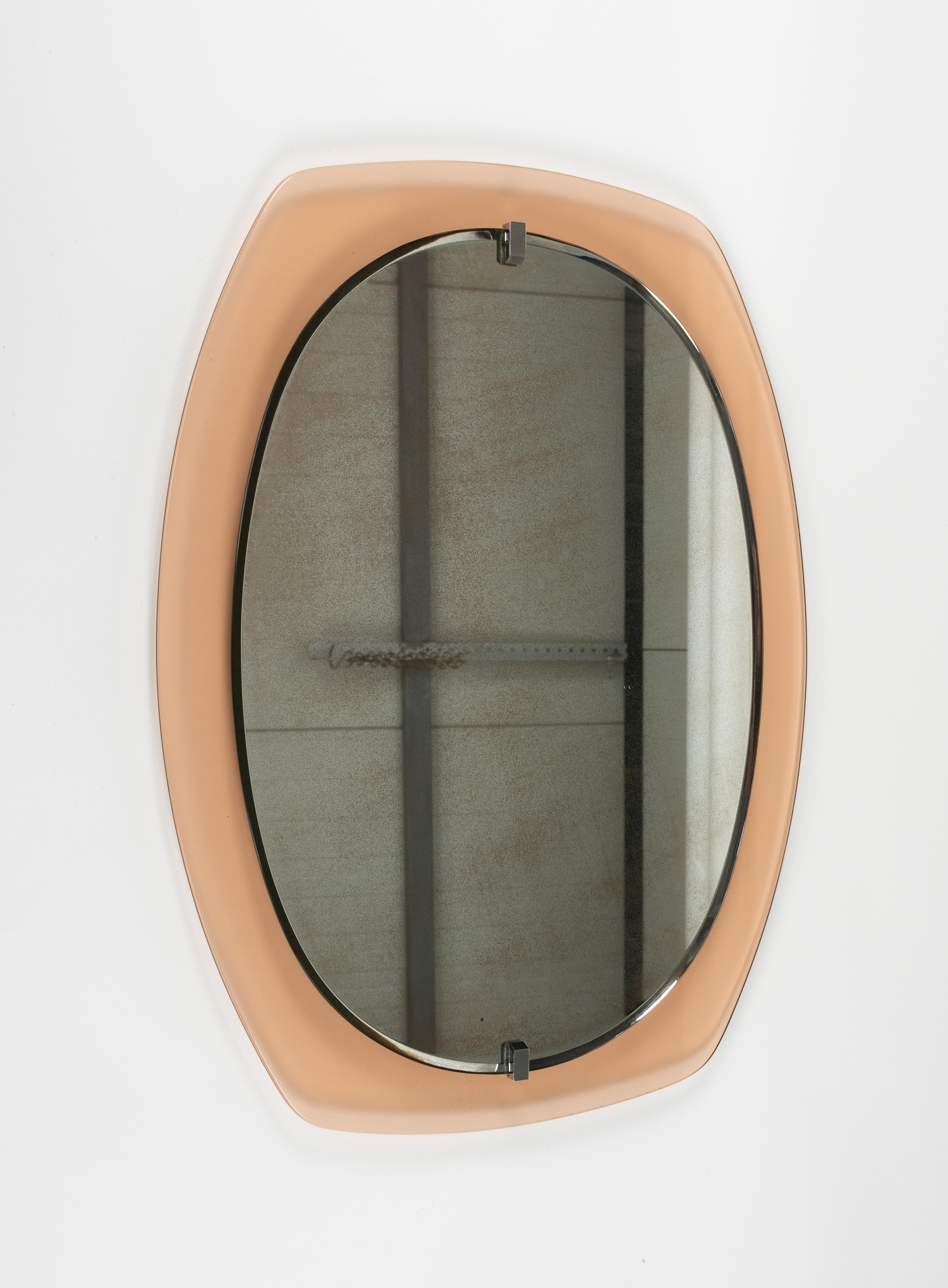 Metal Midcentury Glass Pink Oval Wall Mirror by Veca, Italy 1970s For Sale