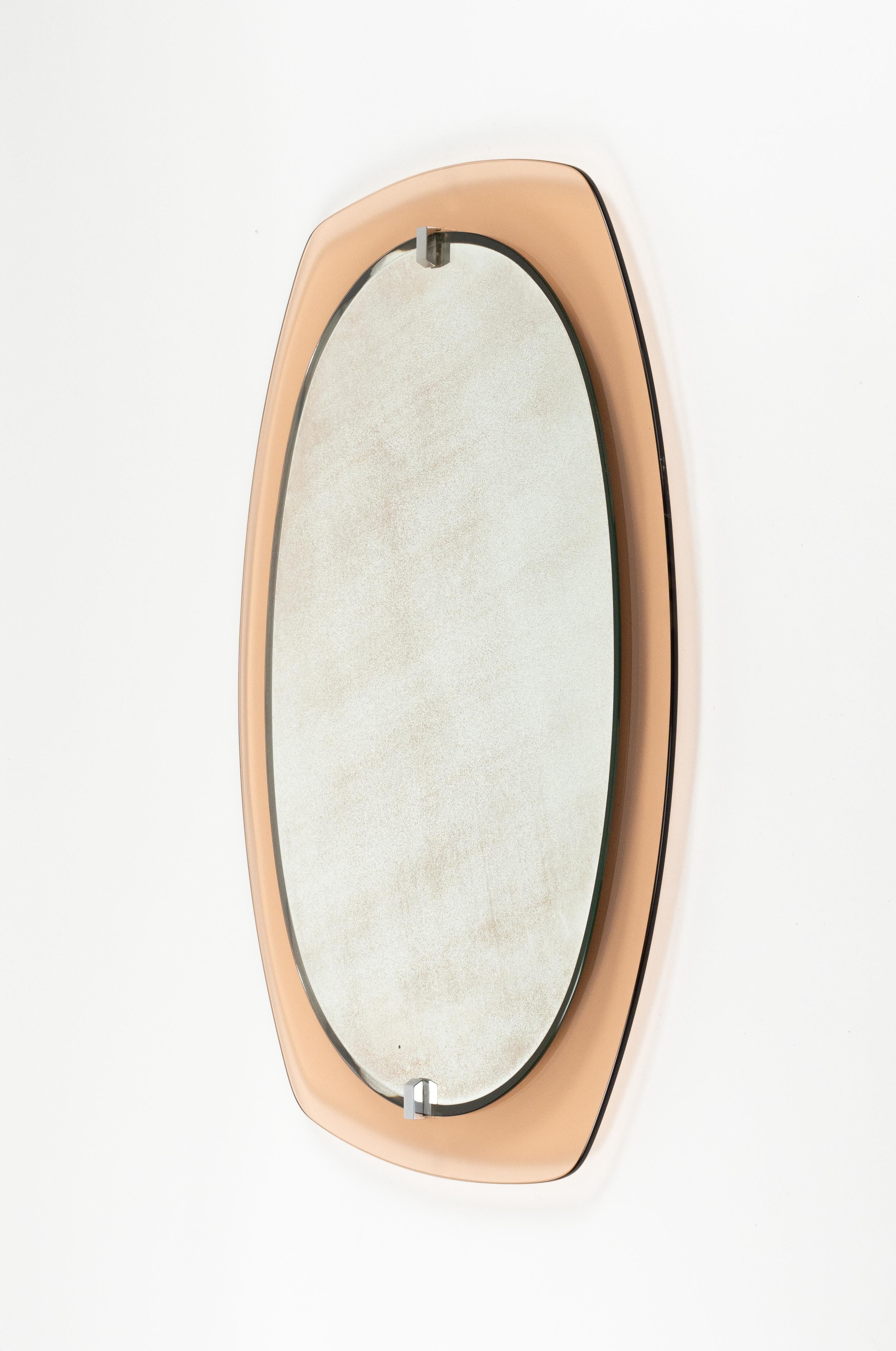 Midcentury Glass Pink Oval Wall Mirror by Veca, Italy 1970s For Sale 1