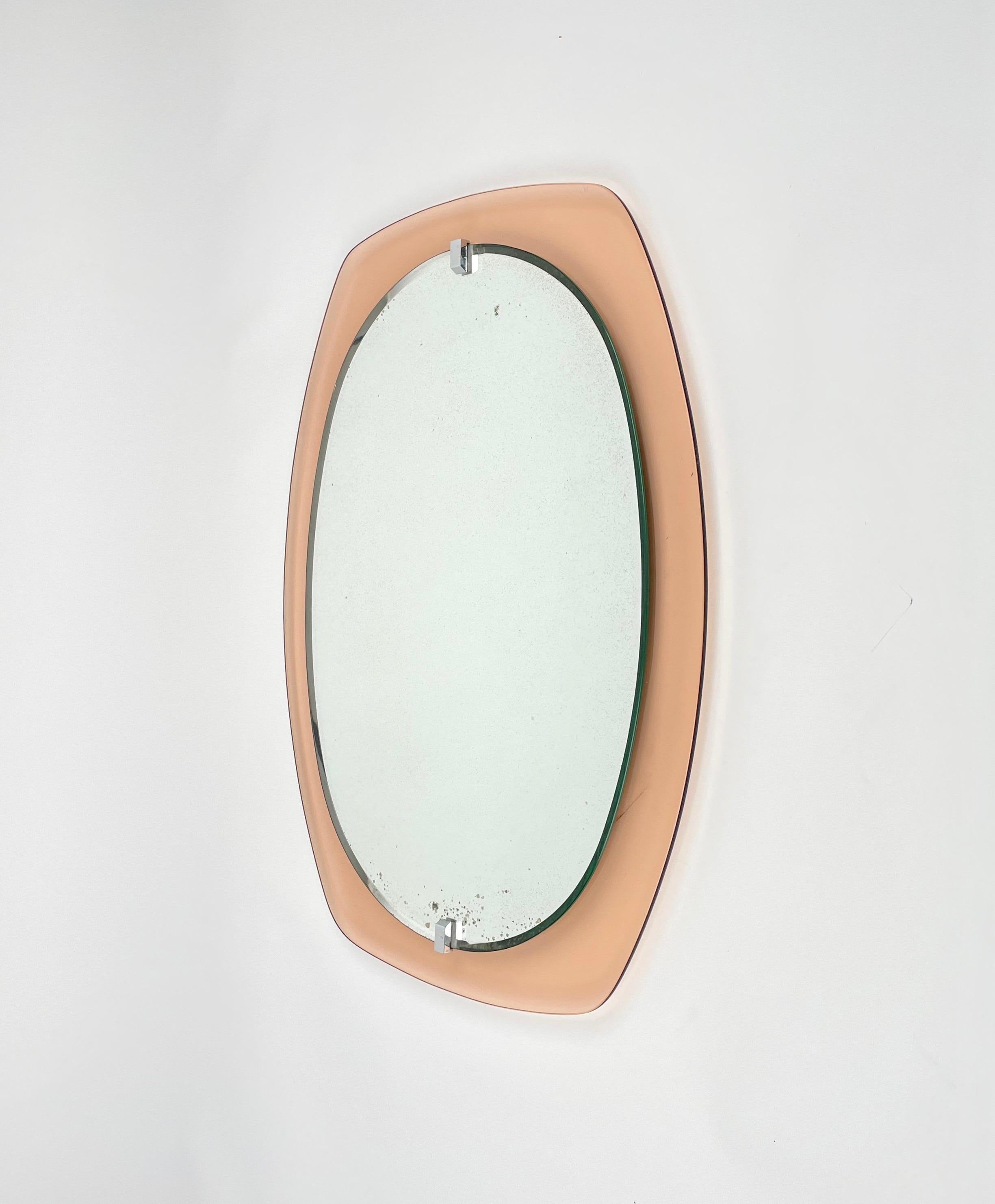 Midcentury Glass Pink Wall Mirror by Veca, Italy 1970s In Good Condition In Rome, IT