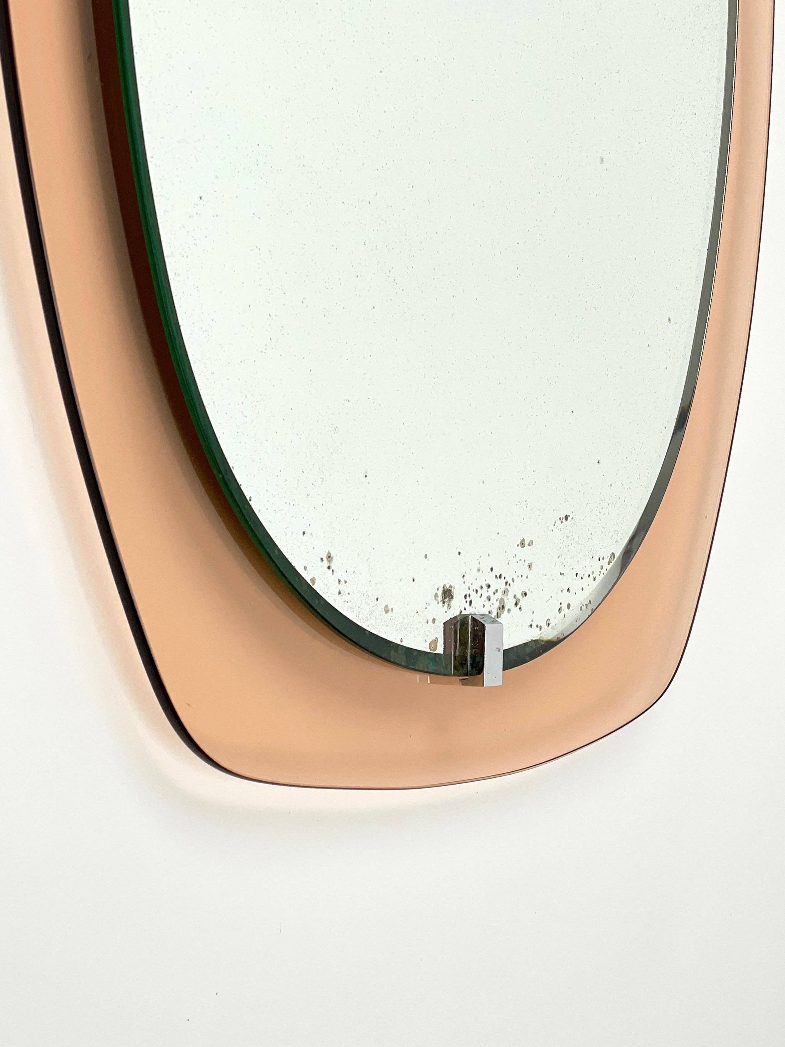 Metal Midcentury Glass Pink Wall Mirror by Veca, Italy 1970s