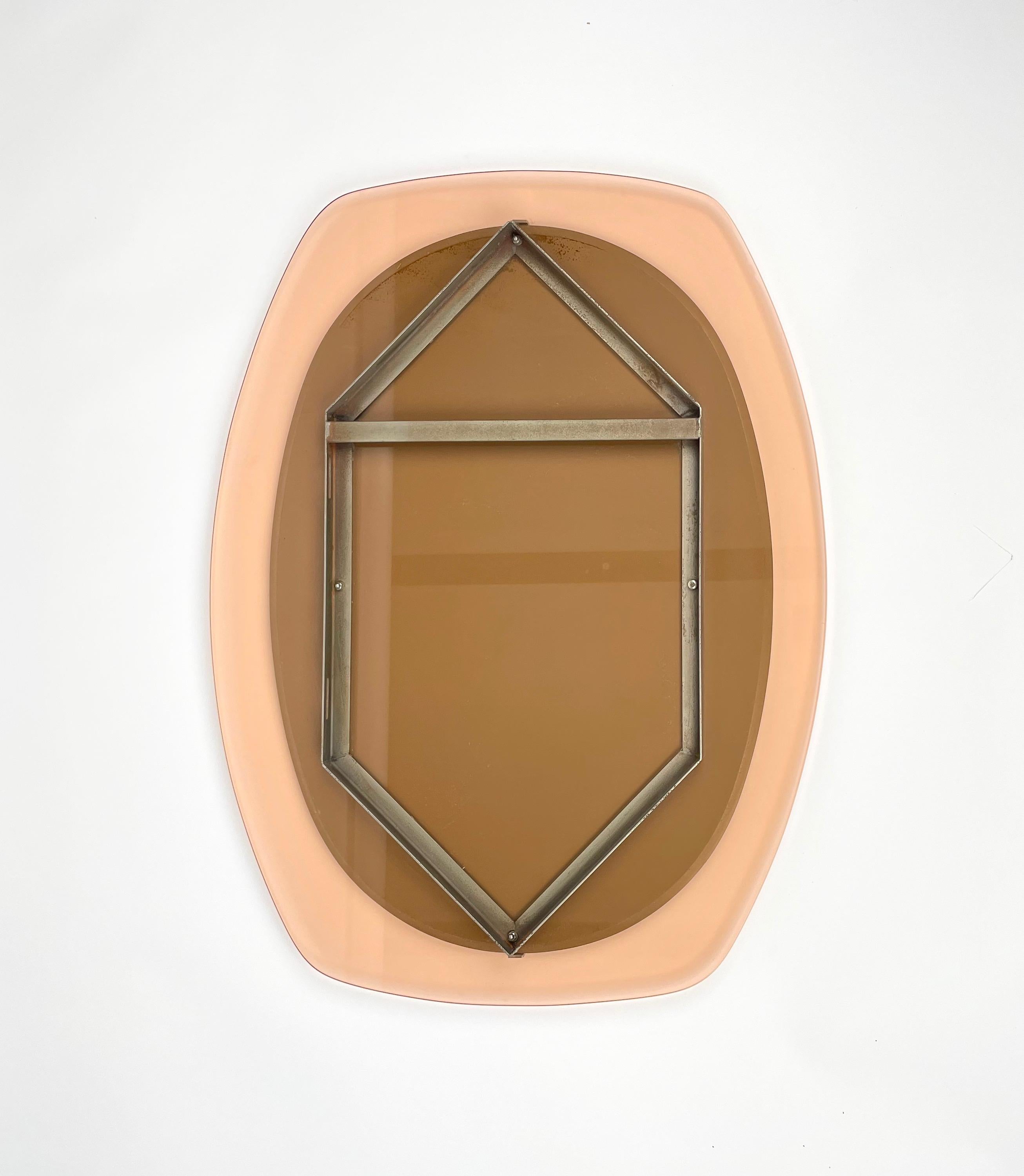 Midcentury Glass Pink Wall Mirror by Veca, Italy 1970s 2