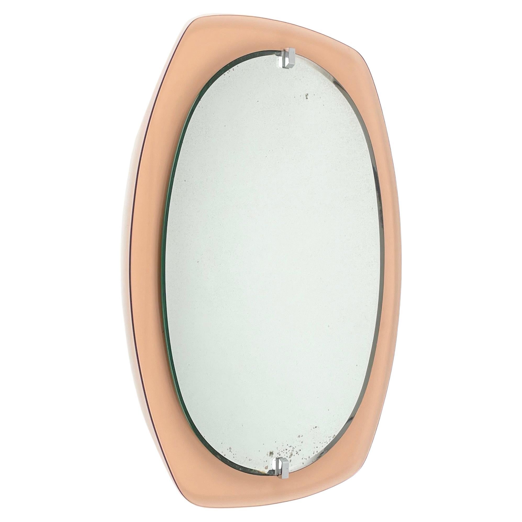 Midcentury Glass Pink Wall Mirror by Veca, Italy 1970s