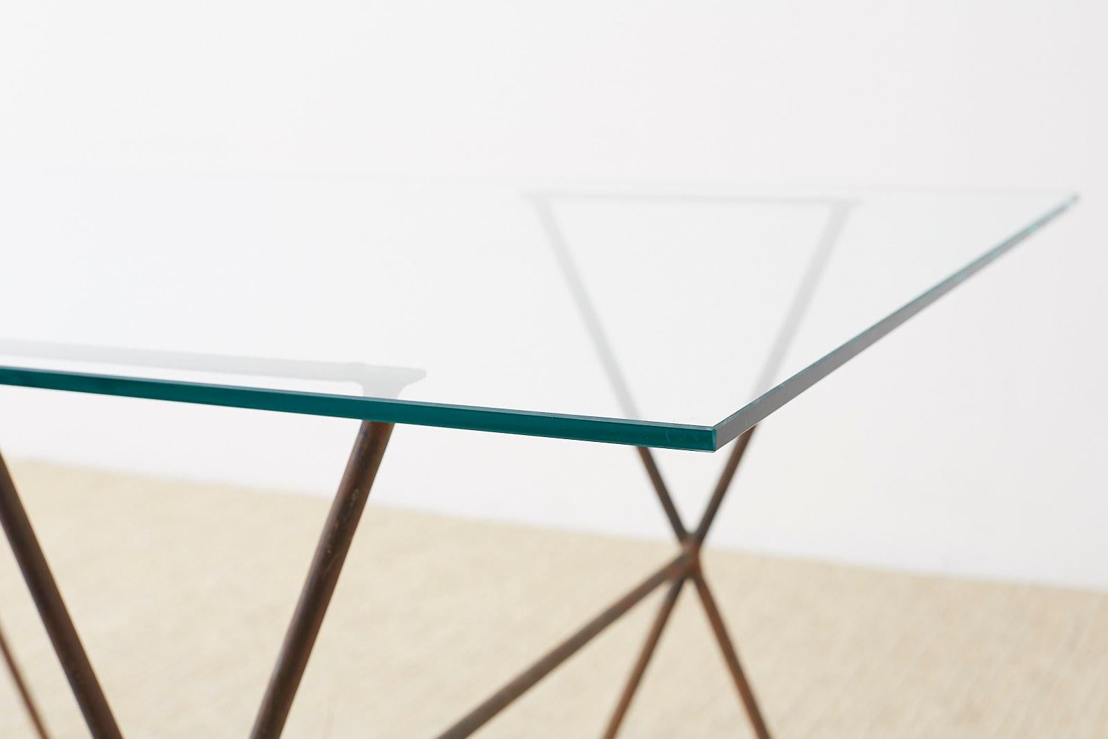 Midcentury Glass Table with Iron X Form Sawhorse Legs 3