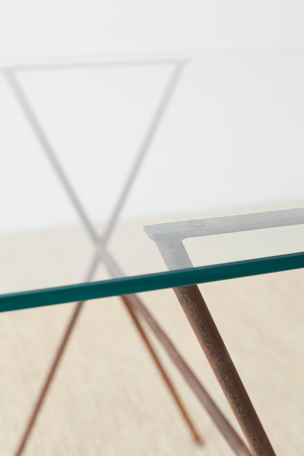 Midcentury Glass Table with Iron X Form Sawhorse Legs 5
