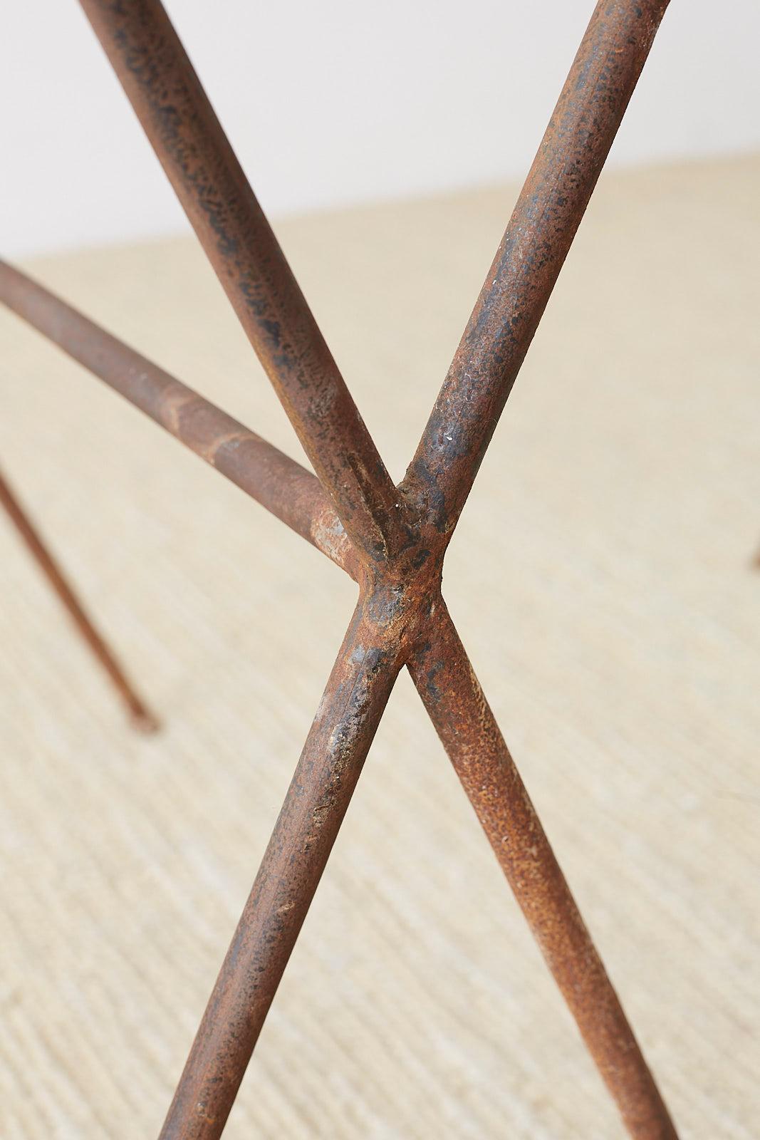 Midcentury Glass Table with Iron X Form Sawhorse Legs 6