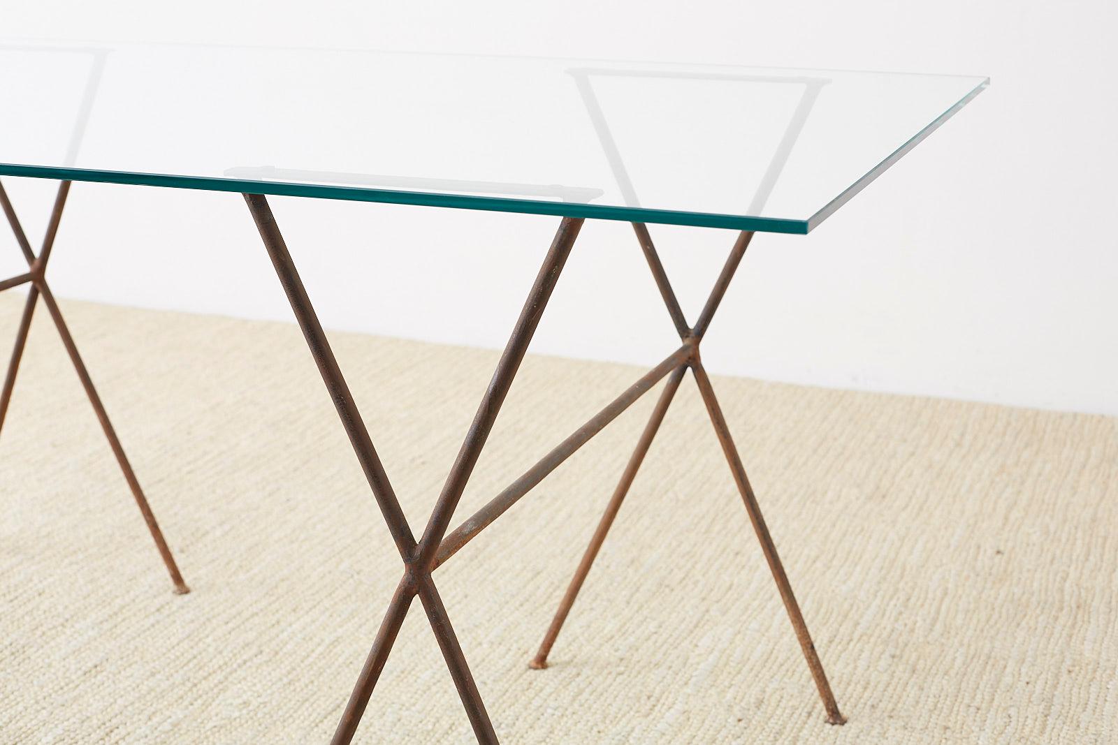 Midcentury Glass Table with Iron X Form Sawhorse Legs 8