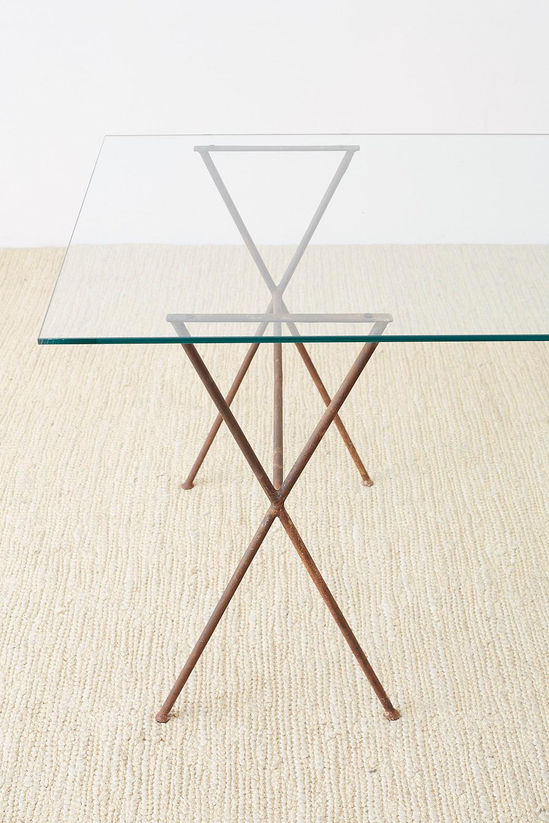 Mid-Century Modern Midcentury Glass Table with Iron X Form Sawhorse Legs