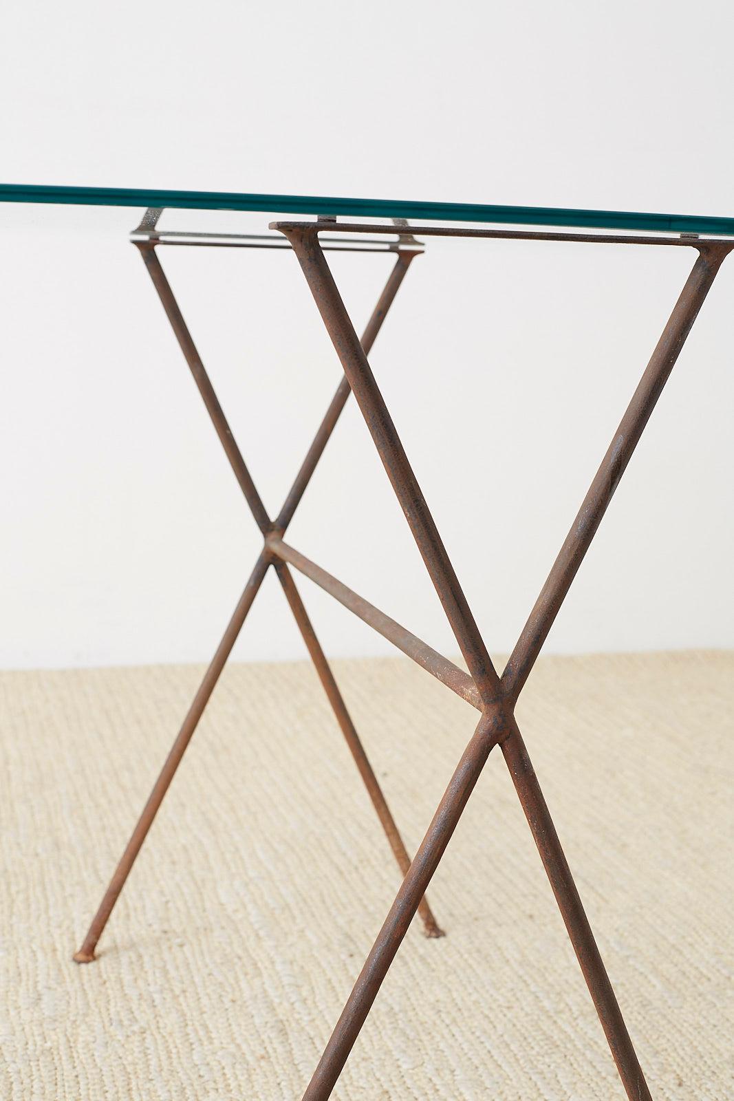 20th Century Midcentury Glass Table with Iron X Form Sawhorse Legs
