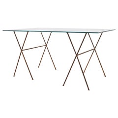 Midcentury Glass Table with Iron X Form Sawhorse Legs