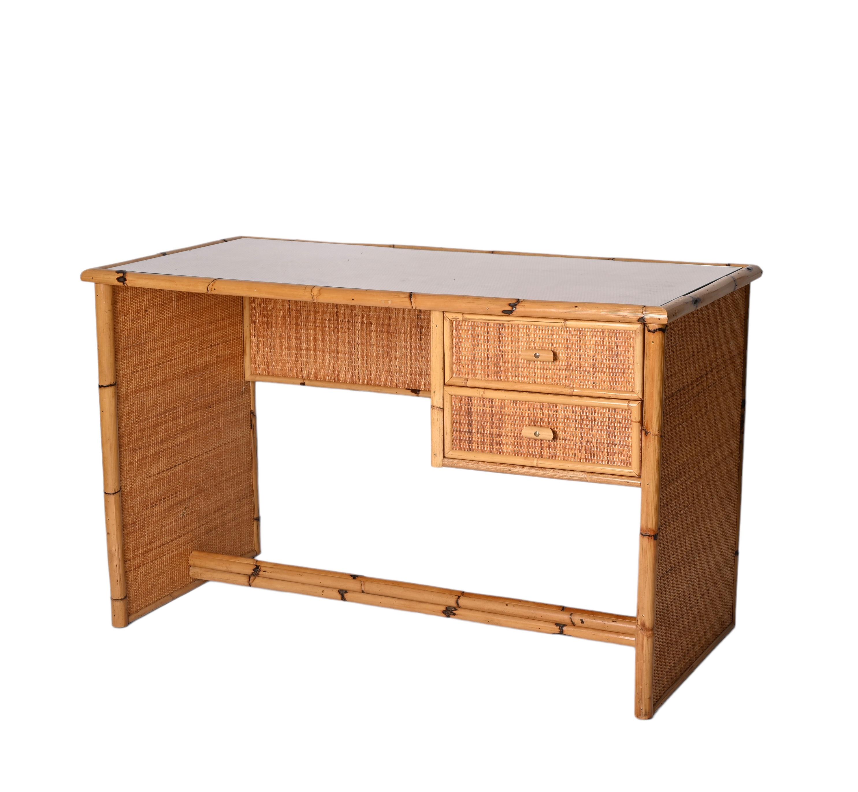 Midcentury Glass Top, Bamboo and Wicker Italian Desk with Drawers, 1980s For Sale 5