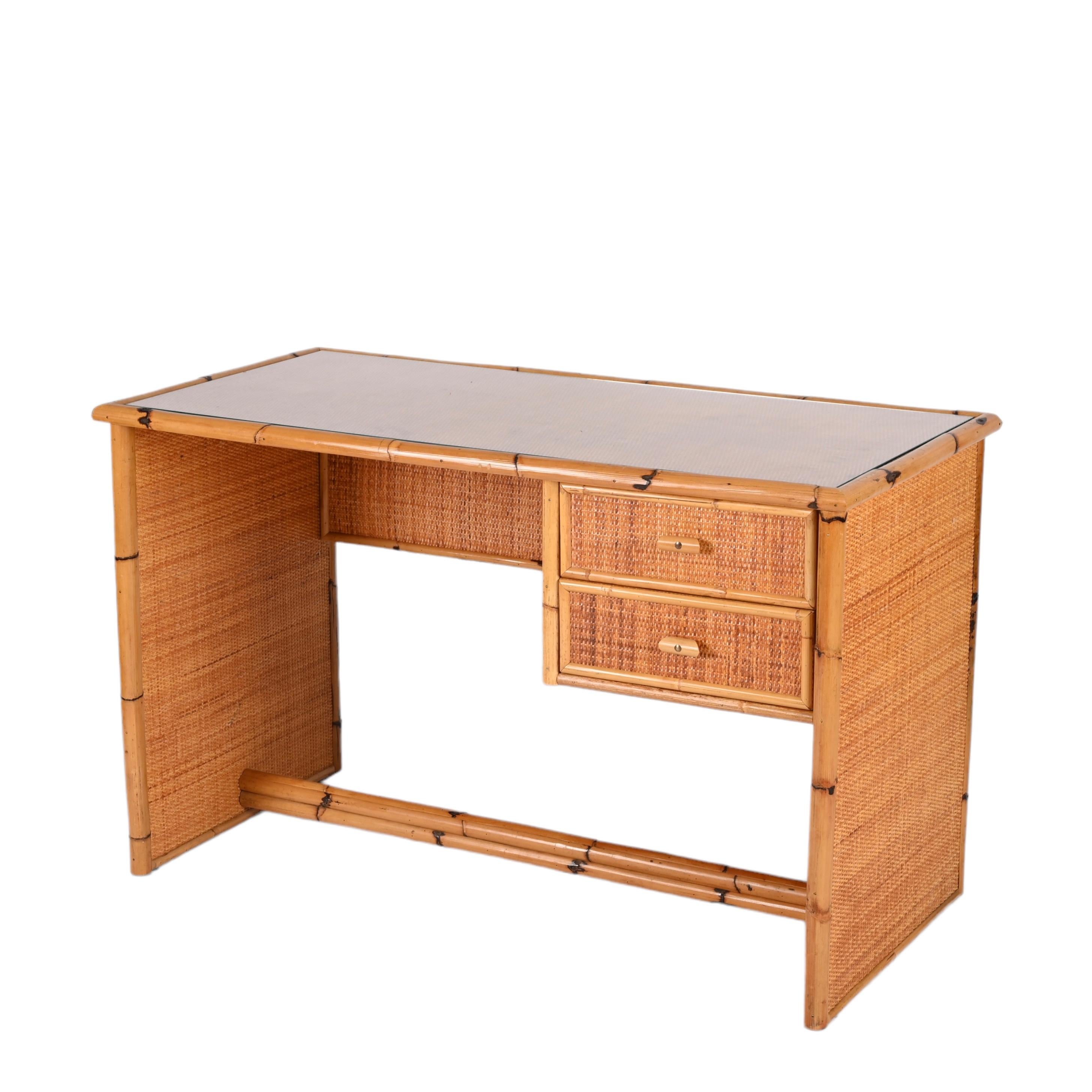 Midcentury Glass Top, Bamboo and Wicker Italian Desk with Drawers, 1980s For Sale 6