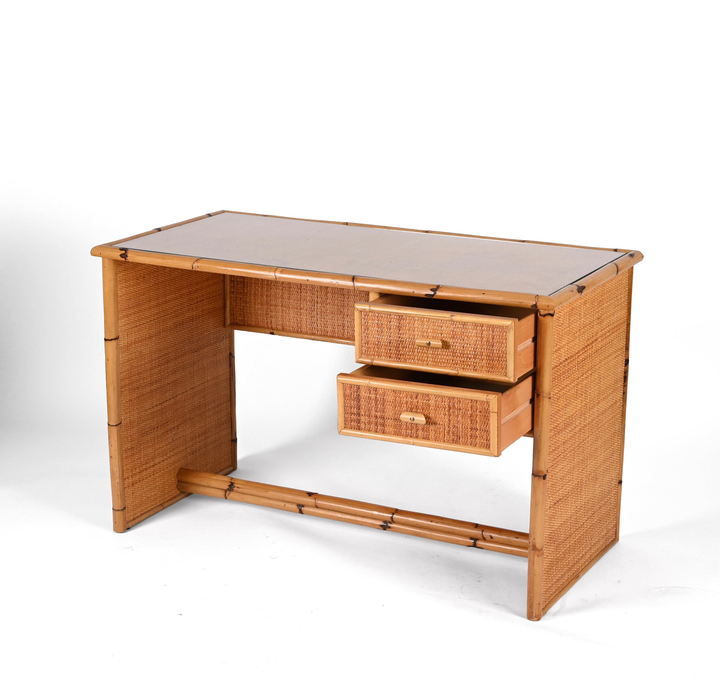 Midcentury Glass Top, Bamboo and Wicker Italian Desk with Drawers, 1980s For Sale 7