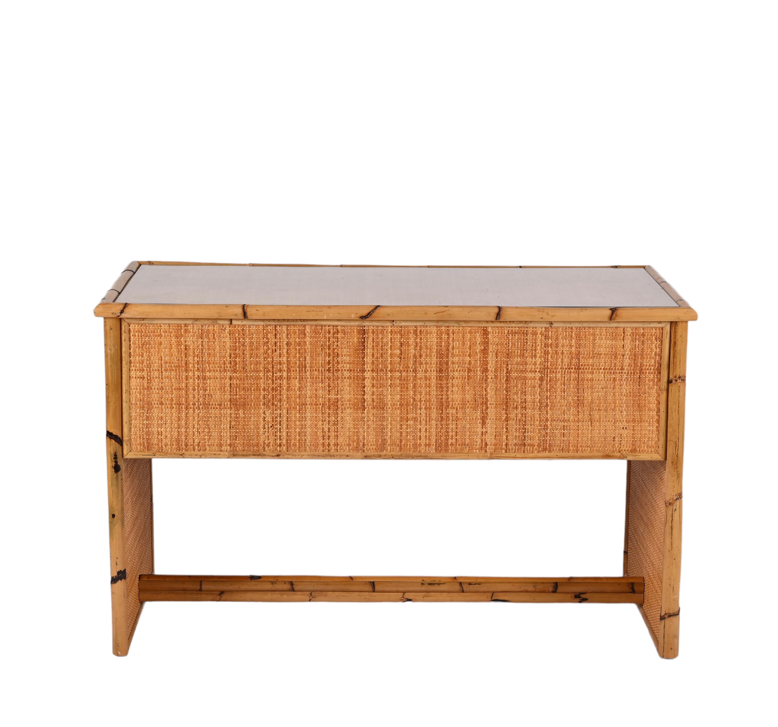 Midcentury Glass Top, Bamboo and Wicker Italian Desk with Drawers, 1980s For Sale 8