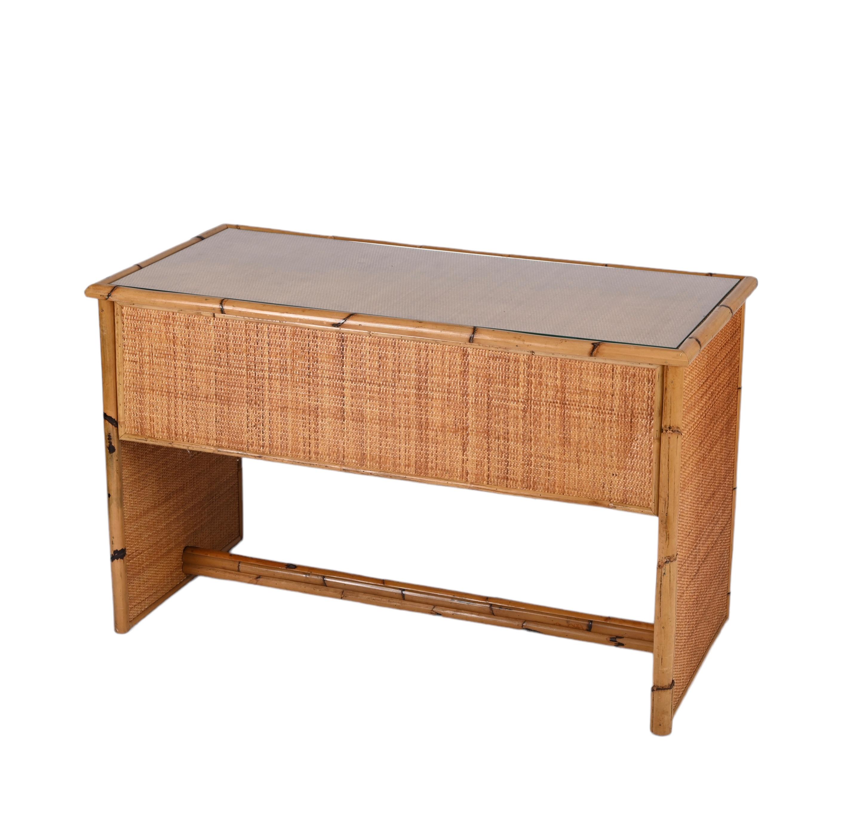 Midcentury Glass Top, Bamboo and Wicker Italian Desk with Drawers, 1980s For Sale 9