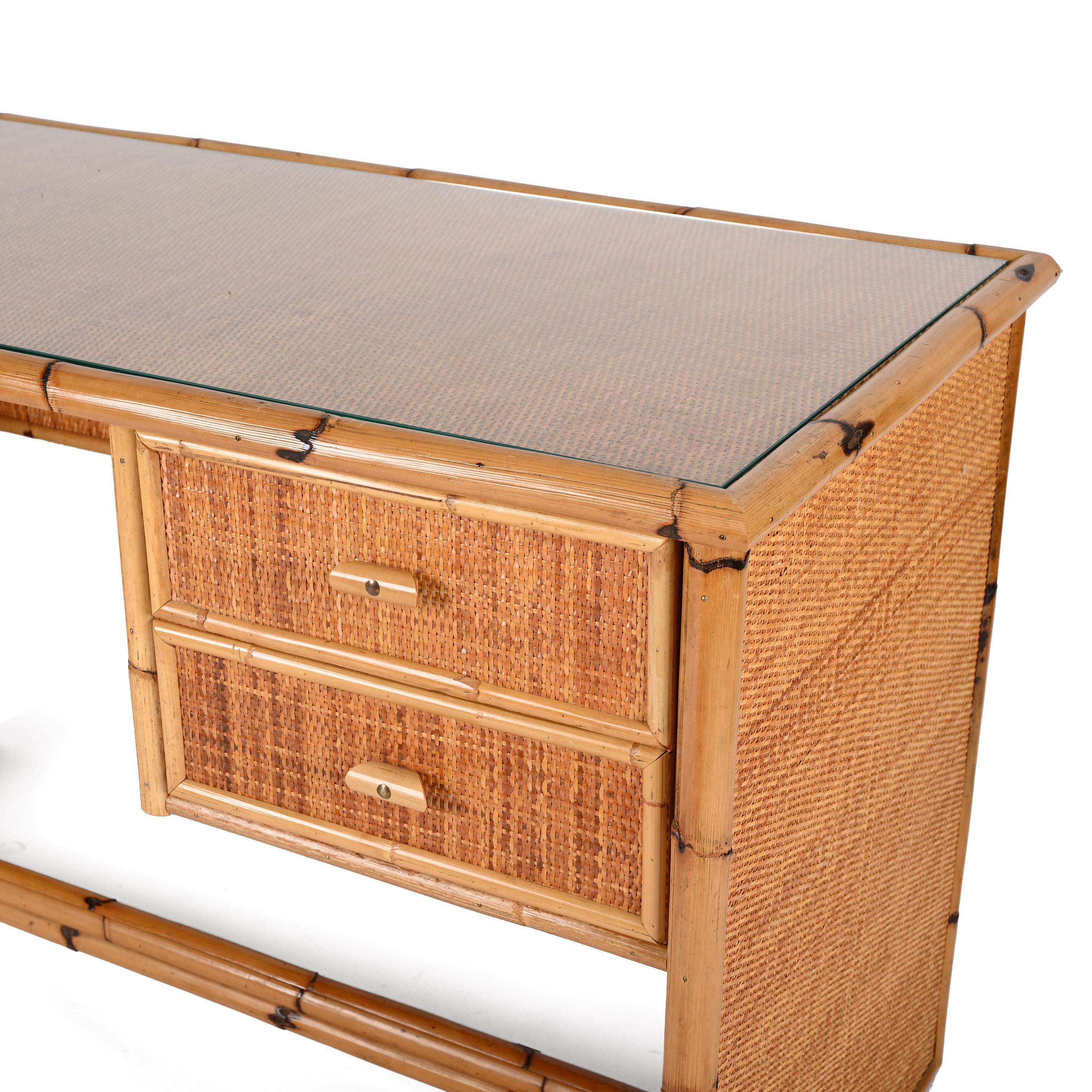 Midcentury Glass Top, Bamboo and Wicker Italian Desk with Drawers, 1980s For Sale 10