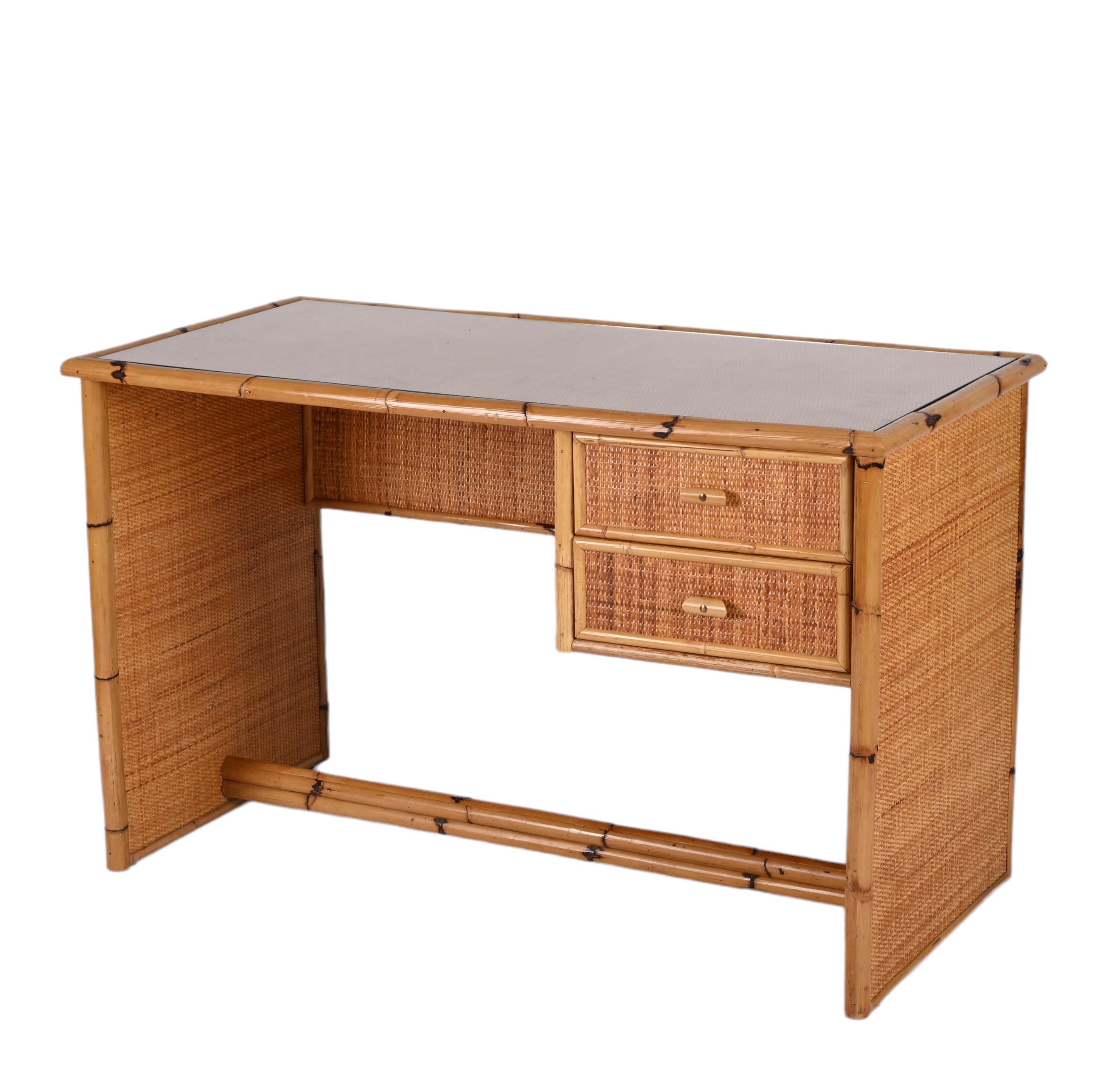 Mid-Century Modern Midcentury Glass Top, Bamboo and Wicker Italian Desk with Drawers, 1980s For Sale