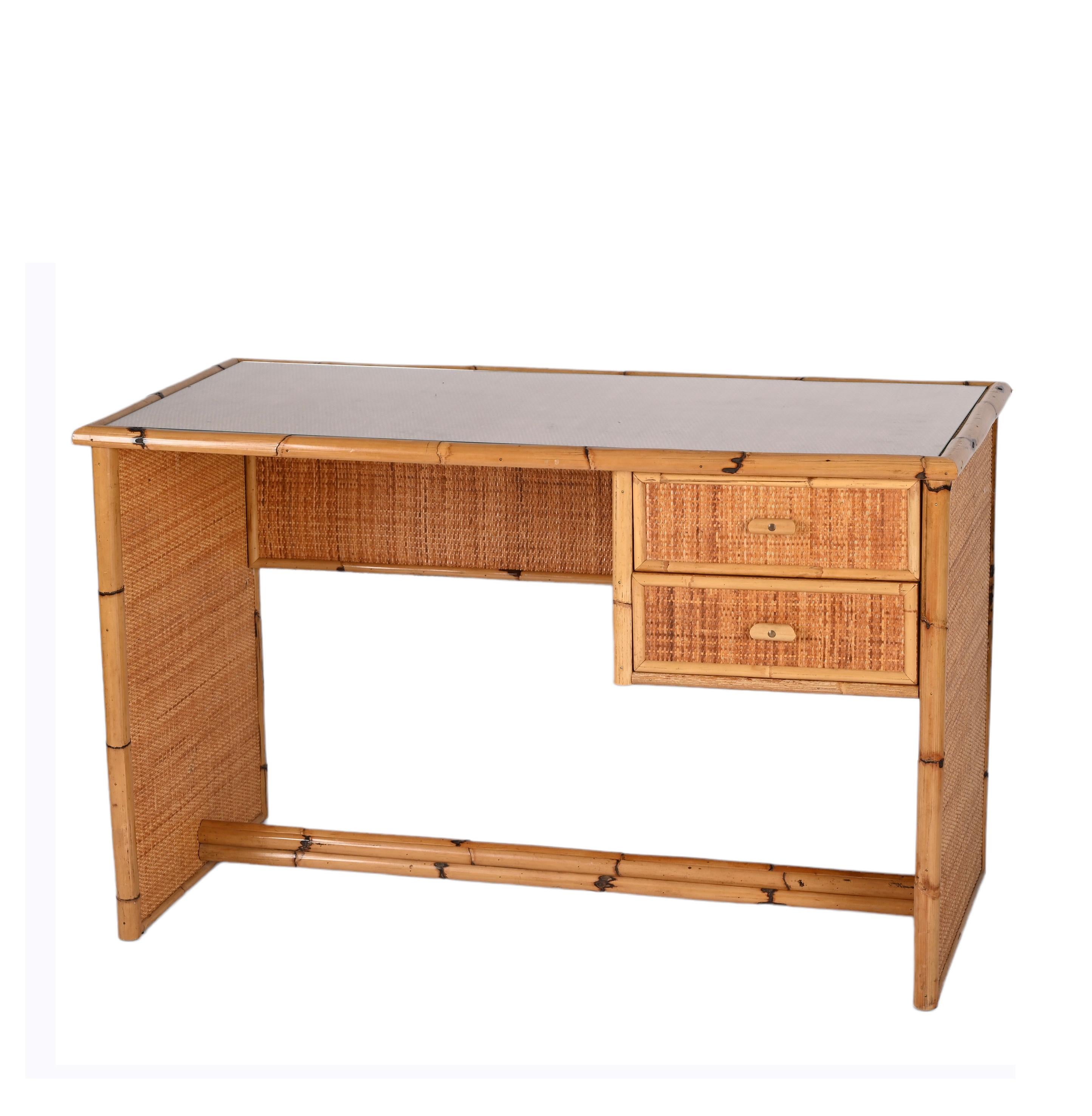 20th Century Midcentury Glass Top, Bamboo and Wicker Italian Desk with Drawers, 1980s For Sale