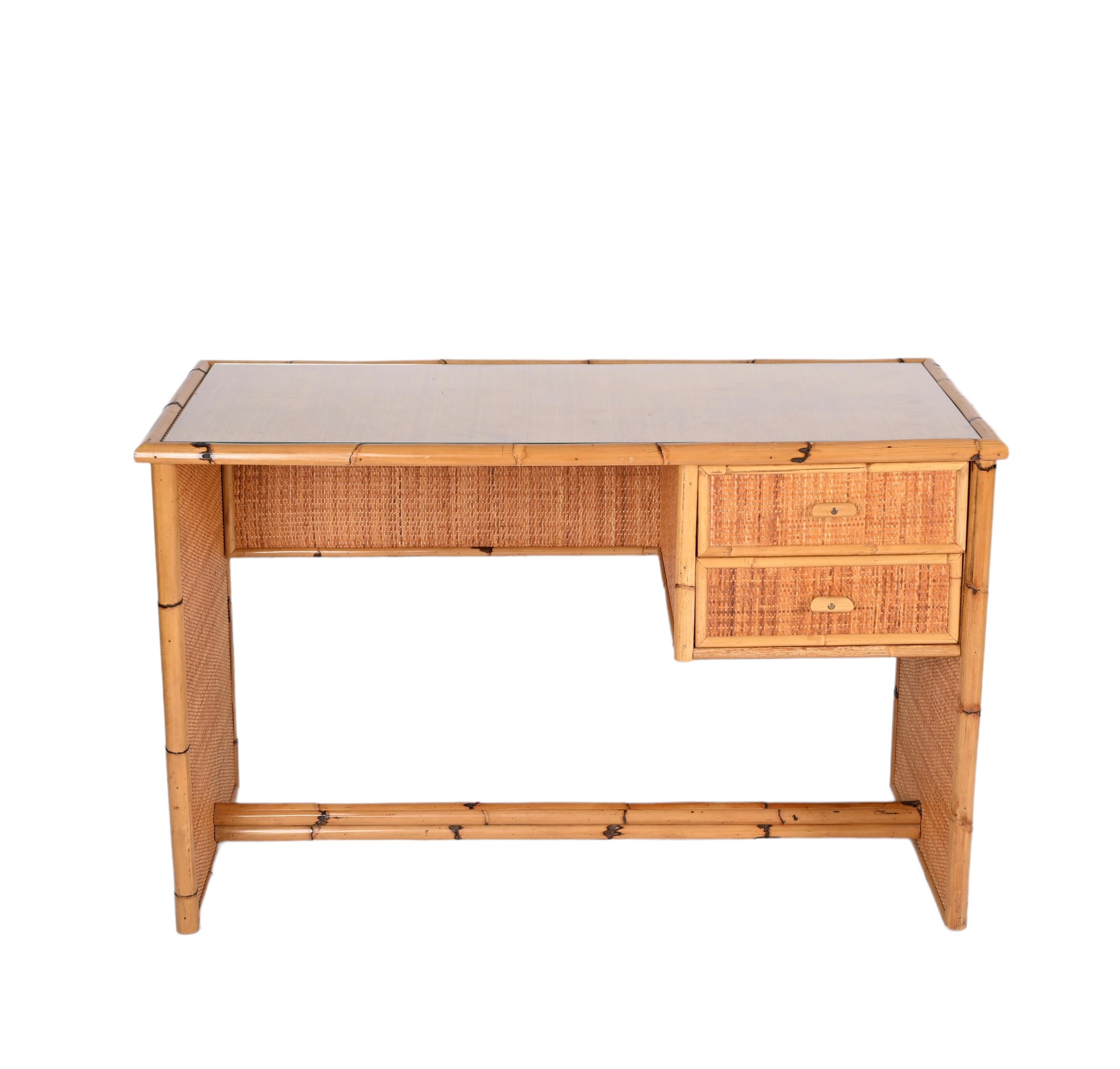 Midcentury Glass Top, Bamboo and Wicker Italian Desk with Drawers, 1980s For Sale 3