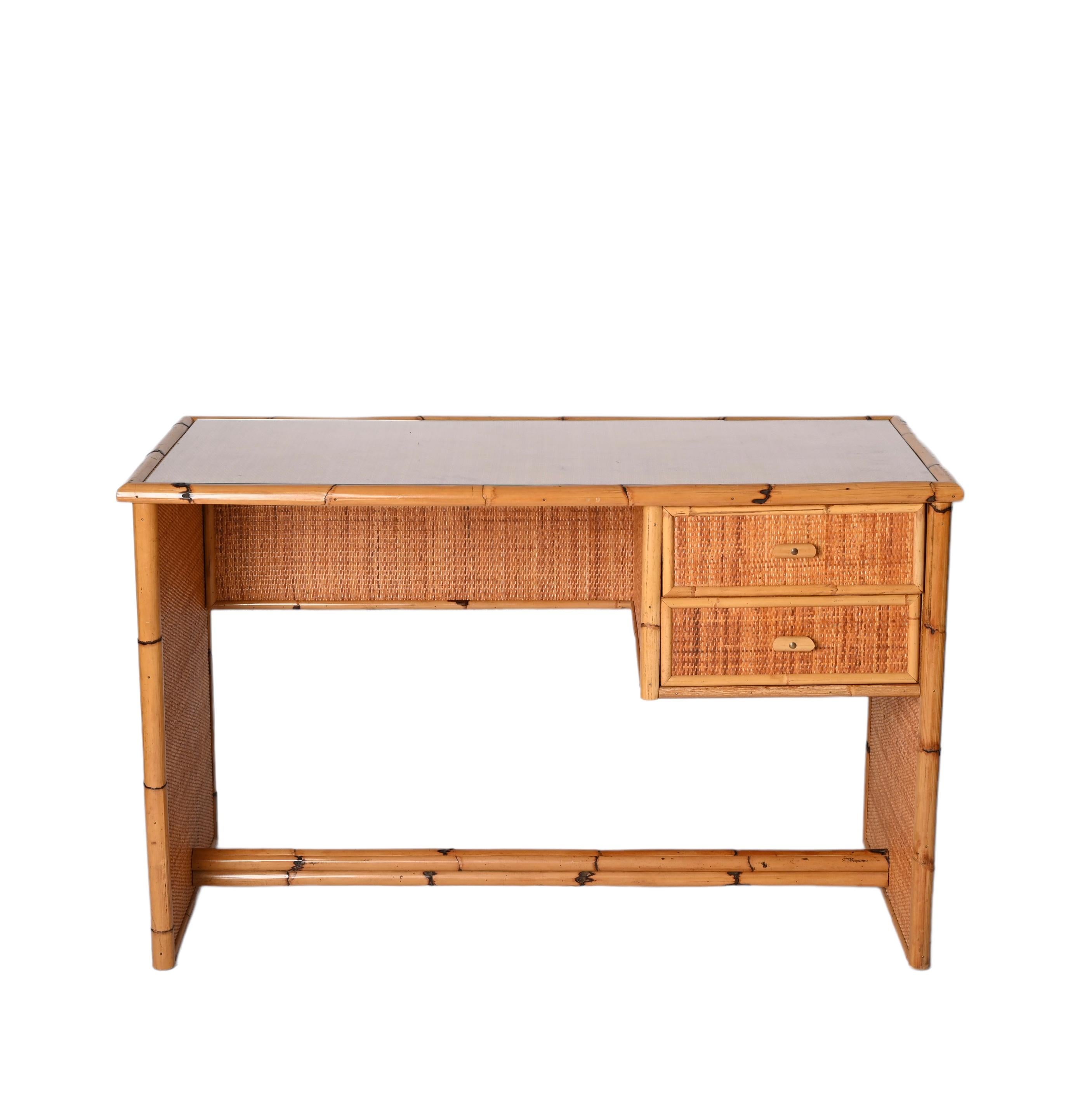 Midcentury Glass Top, Bamboo and Wicker Italian Desk with Drawers, 1980s For Sale 4