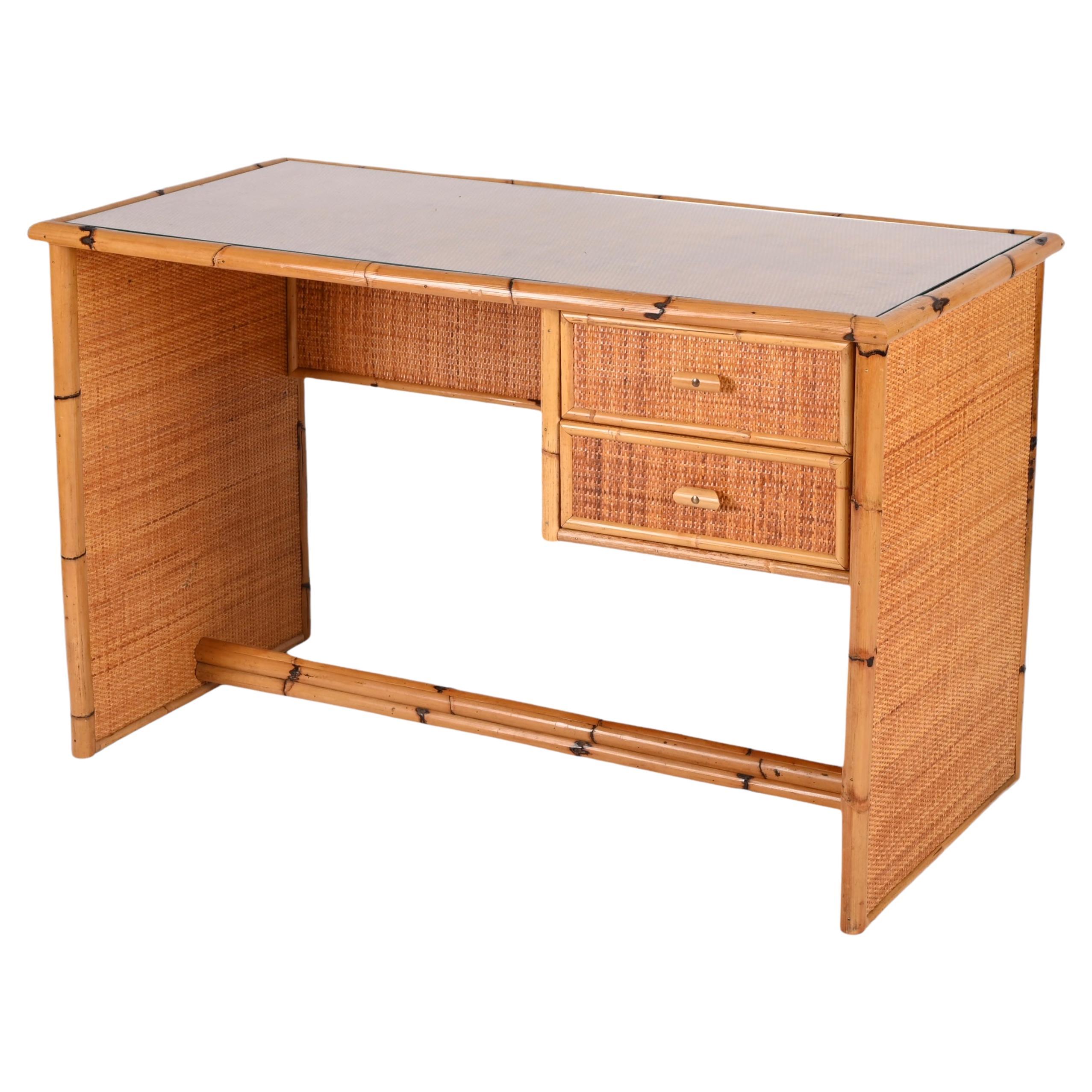 Midcentury Glass Top, Bamboo and Wicker Italian Desk with Drawers, 1980s For Sale