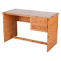 Midcentury Glass Top, Bamboo and Wicker Italian Desk with Drawers, 1980s