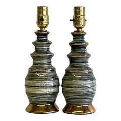 Retro Mid-Century Glazed Ceramic Turned Boudoir Lamps, a Pair