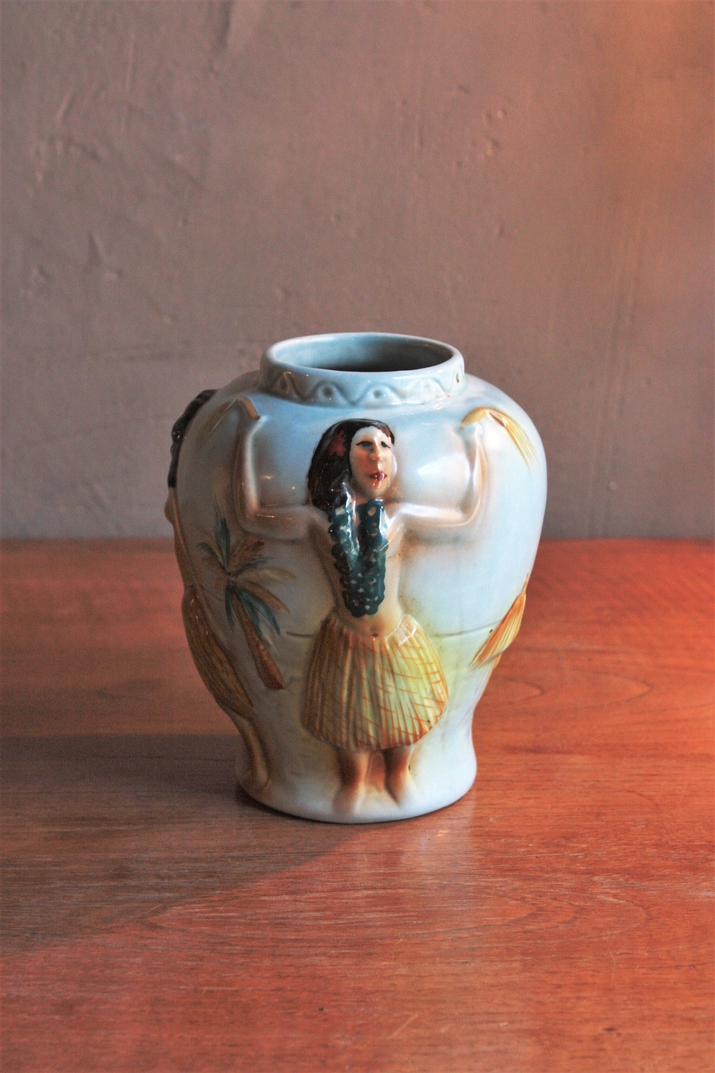 Glasierte Keramikvase aus der Mitte des Jahrhunderts mit handbemaltem Hula-Tnzer-Motiv im Angebot 4