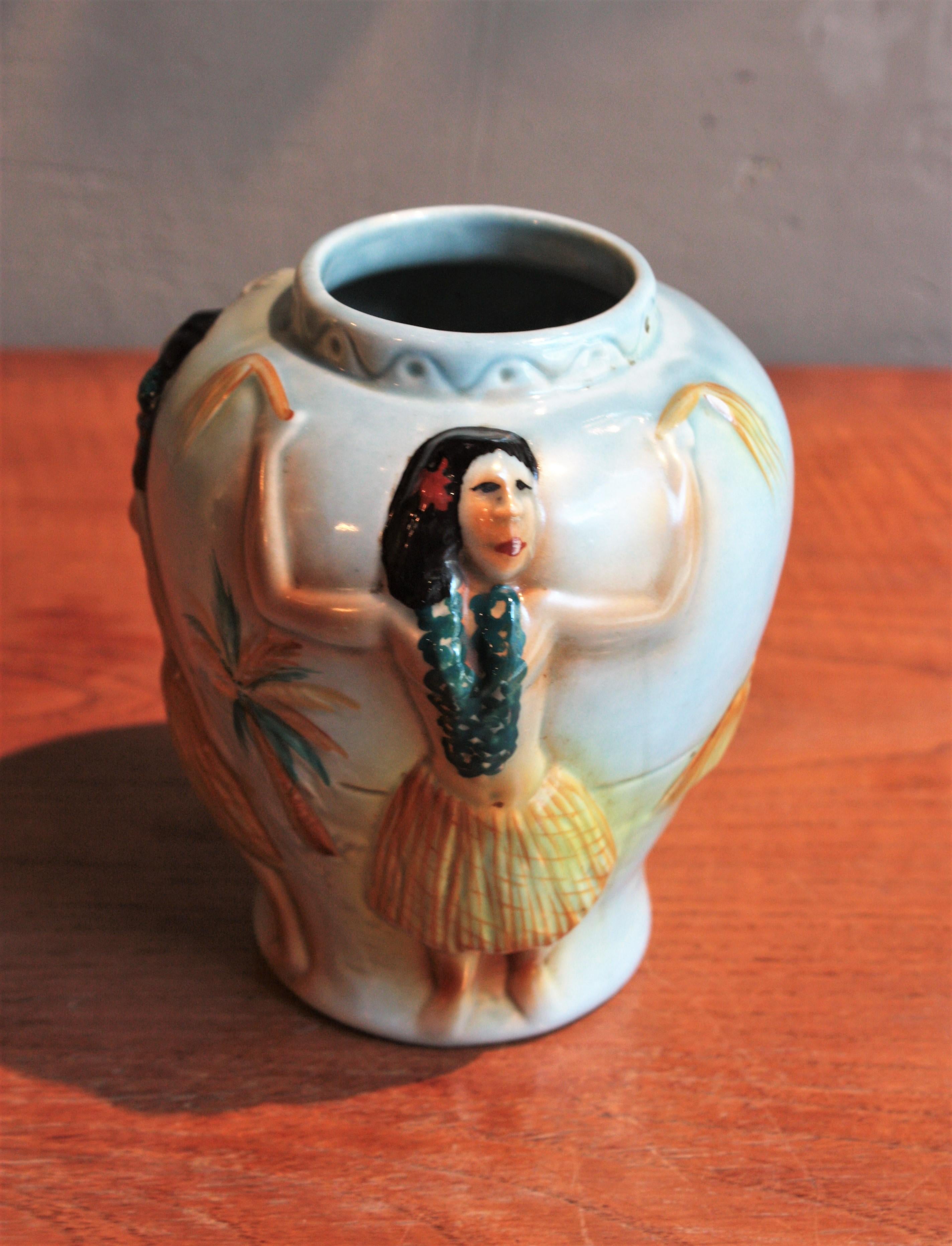 Midcentury Glazed Ceramic Vase with Hand-Painted Hula Dancers Motif For Sale 5