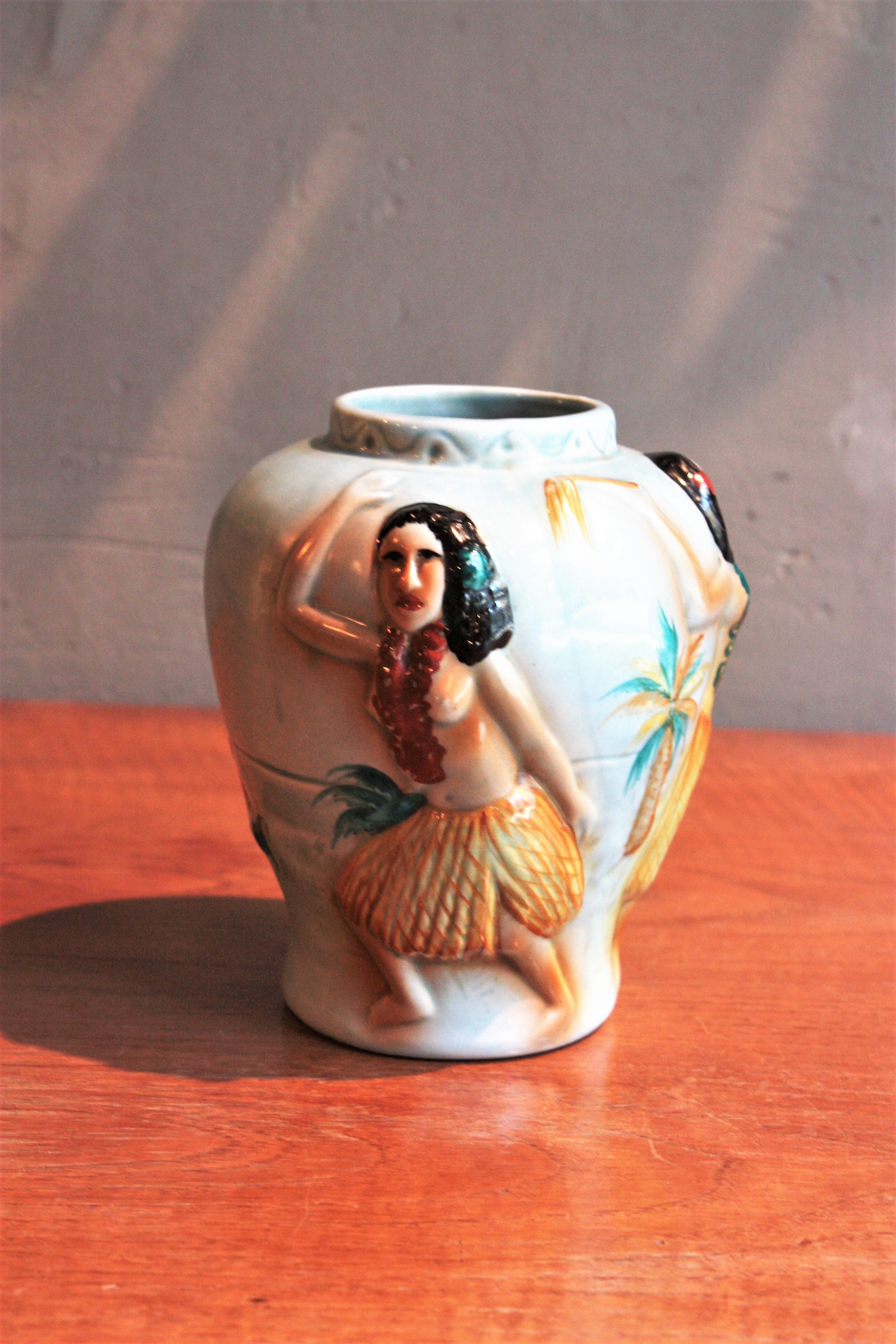 Mid-Century Modern Midcentury Glazed Ceramic Vase with Hand-Painted Hula Dancers Motif For Sale