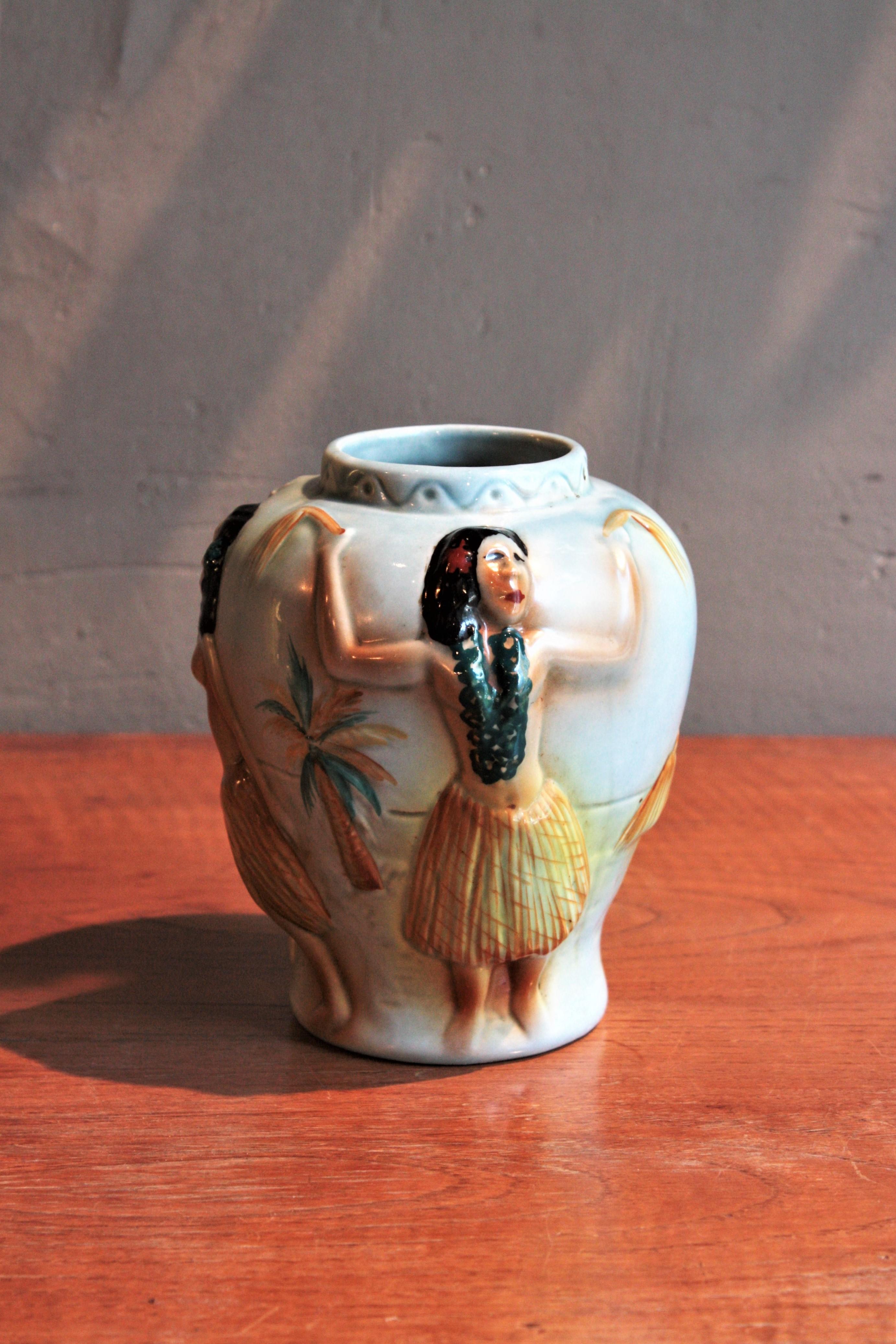 Spanish Midcentury Glazed Ceramic Vase with Hand-Painted Hula Dancers Motif For Sale