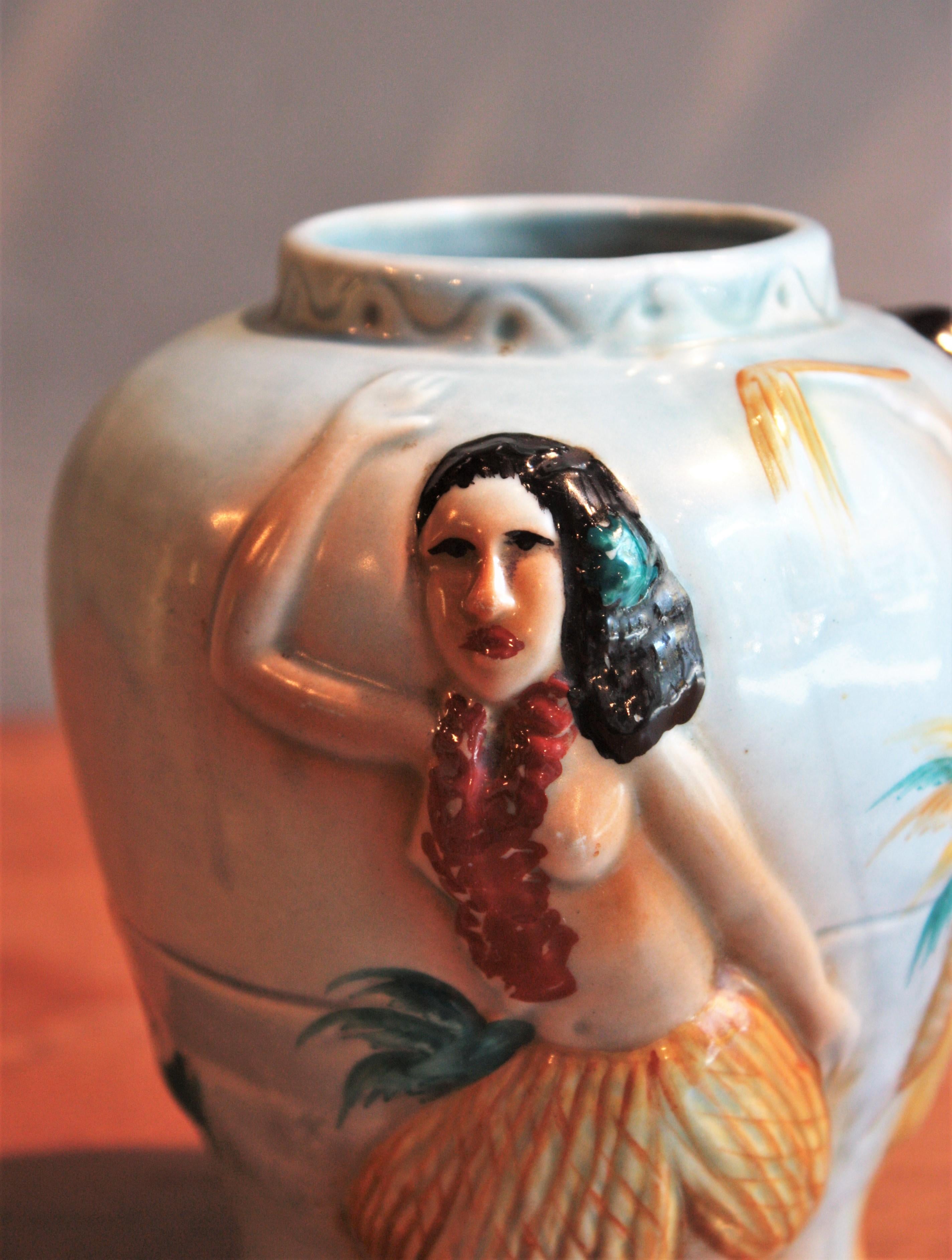 20th Century Midcentury Glazed Ceramic Vase with Hand-Painted Hula Dancers Motif For Sale