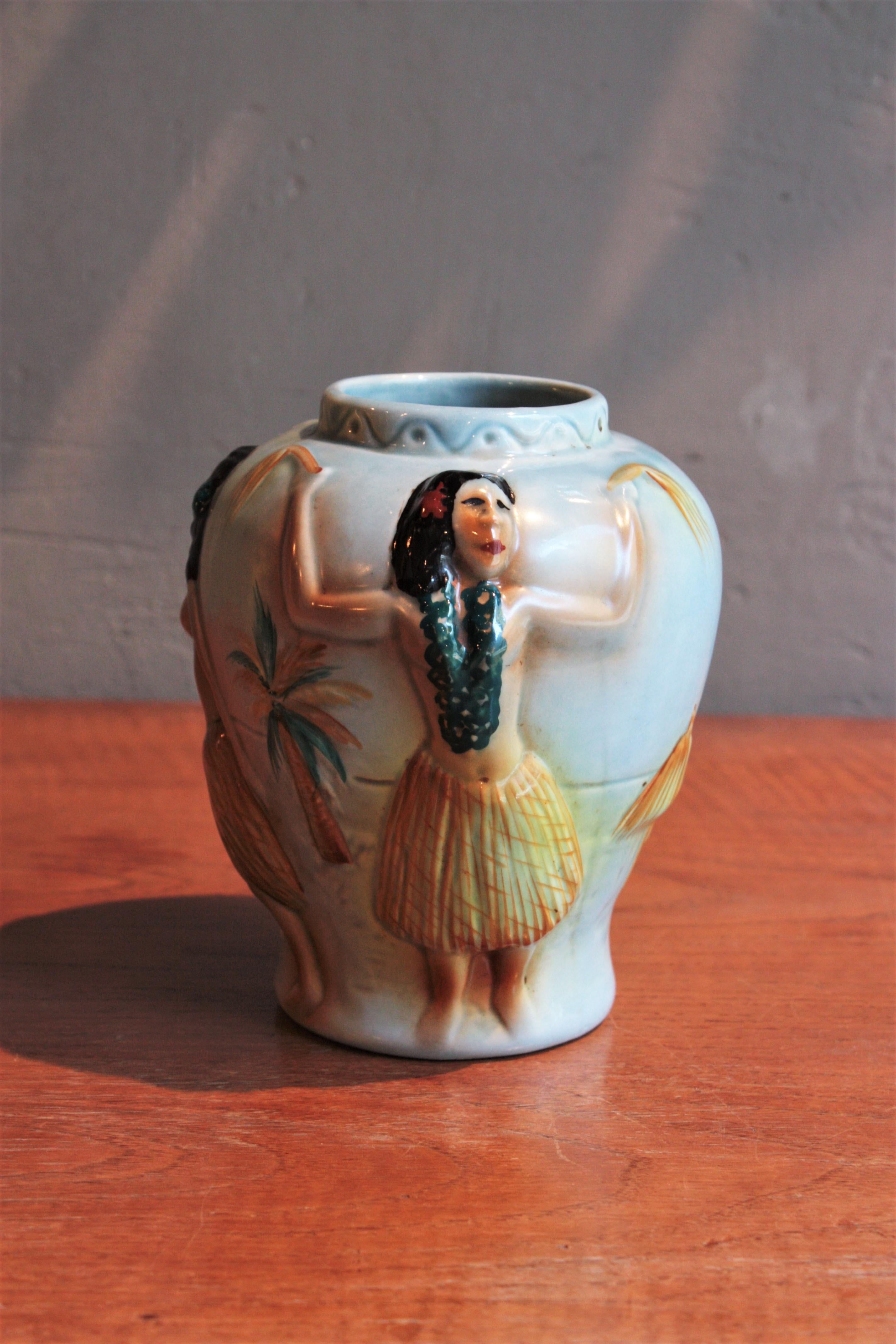 Midcentury Glazed Ceramic Vase with Hand-Painted Hula Dancers Motif For Sale 3