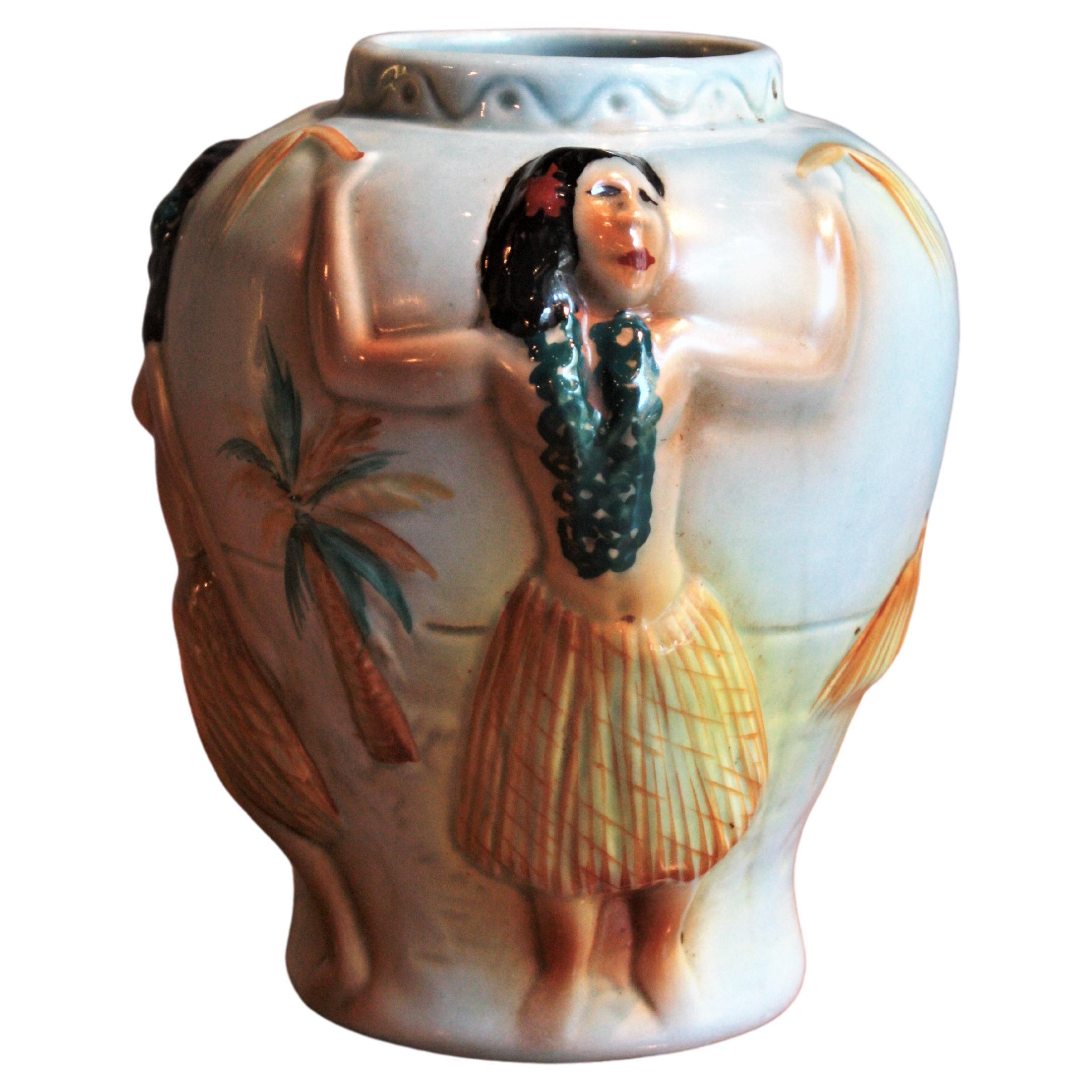 Midcentury Glazed Ceramic Vase with Hand-Painted Hula Dancers Motif For Sale