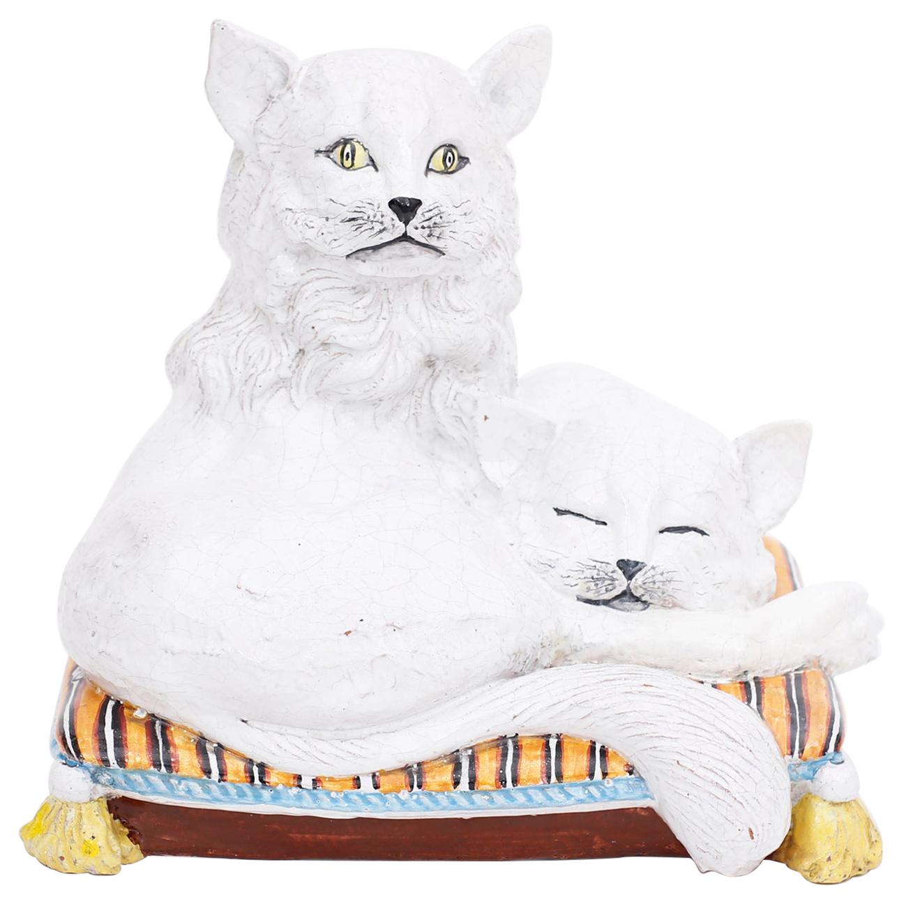 Midcentury Glazed Terracotta Two Cats on a Pillow For Sale