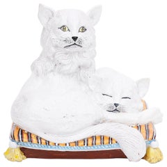 Vintage Midcentury Glazed Terracotta Two Cats on a Pillow