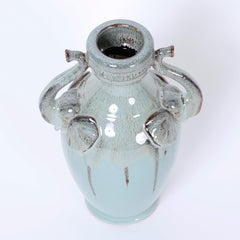 Midcentury Glazed Terracotta Vase with Elephant Handles