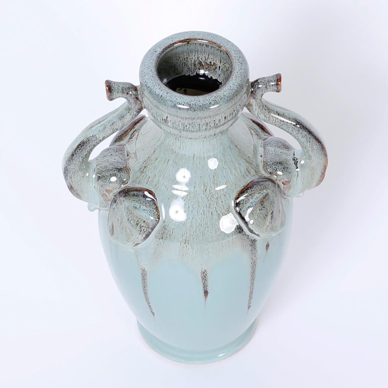 Midcentury Glazed Terracotta Vase with Elephant Handles at 1stDibs