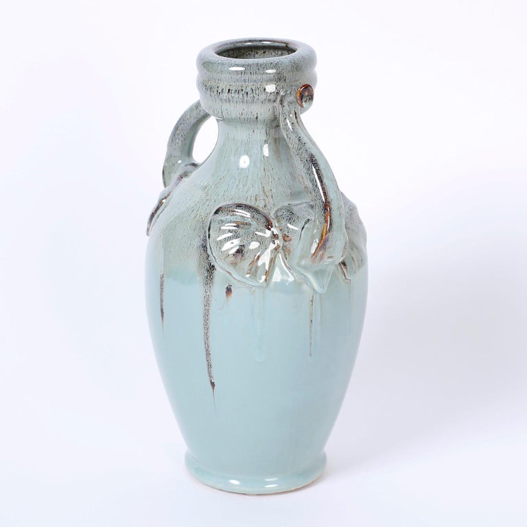 Midcentury Glazed Terracotta Vase with Elephant Handles at 1stDibs