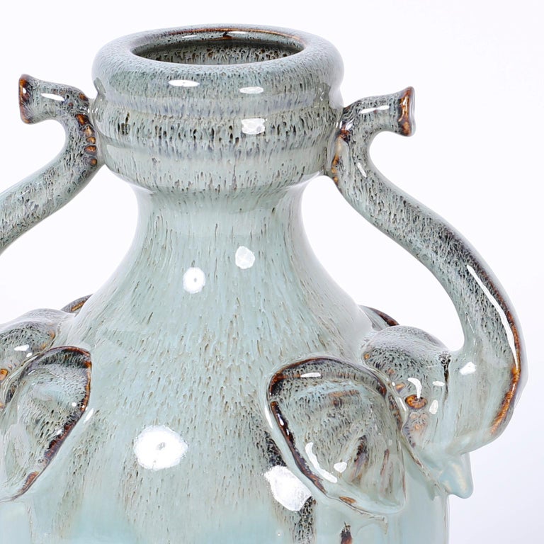 Midcentury Glazed Terracotta Vase with Elephant Handles at 1stDibs