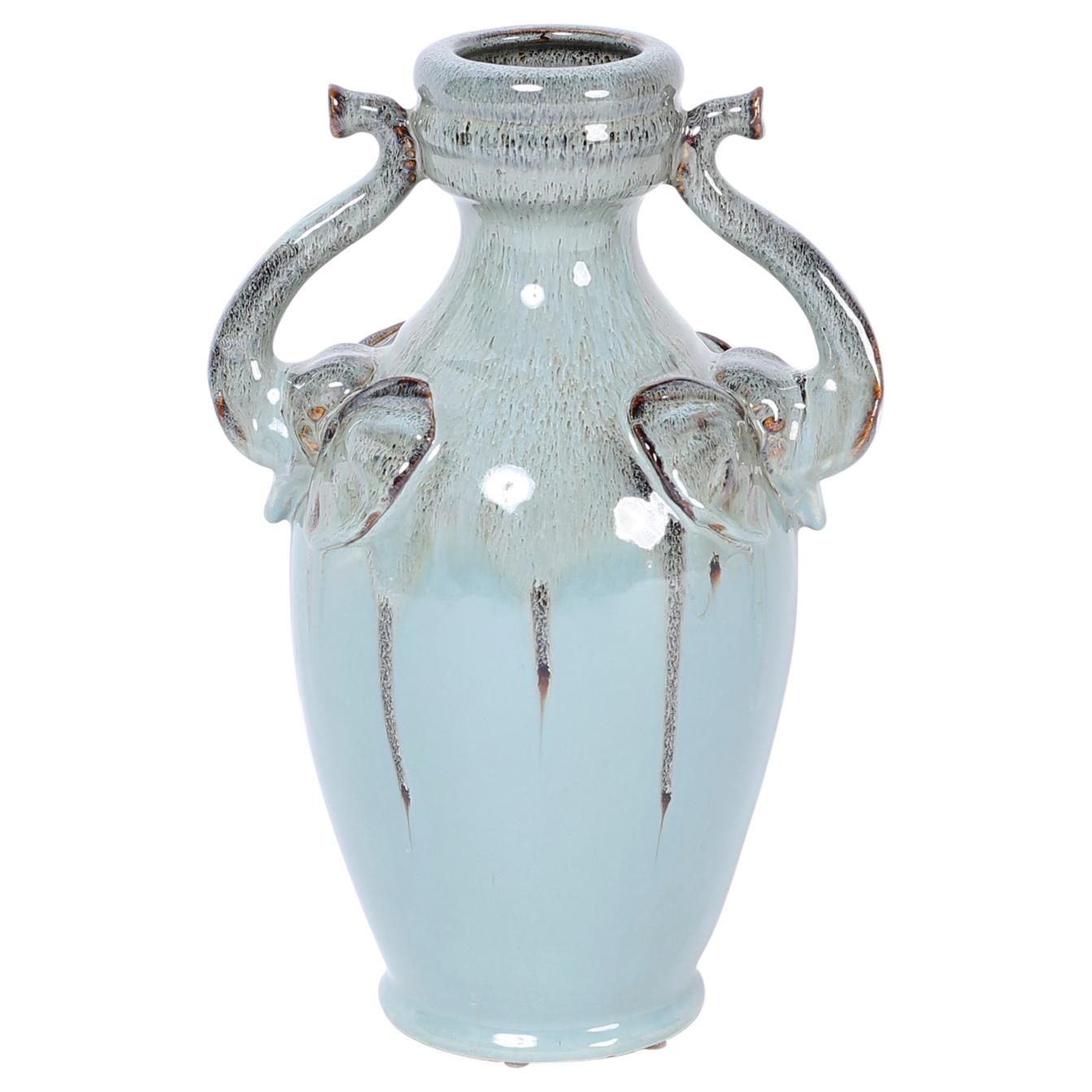 Midcentury Glazed Terracotta Vase with Elephant Handles