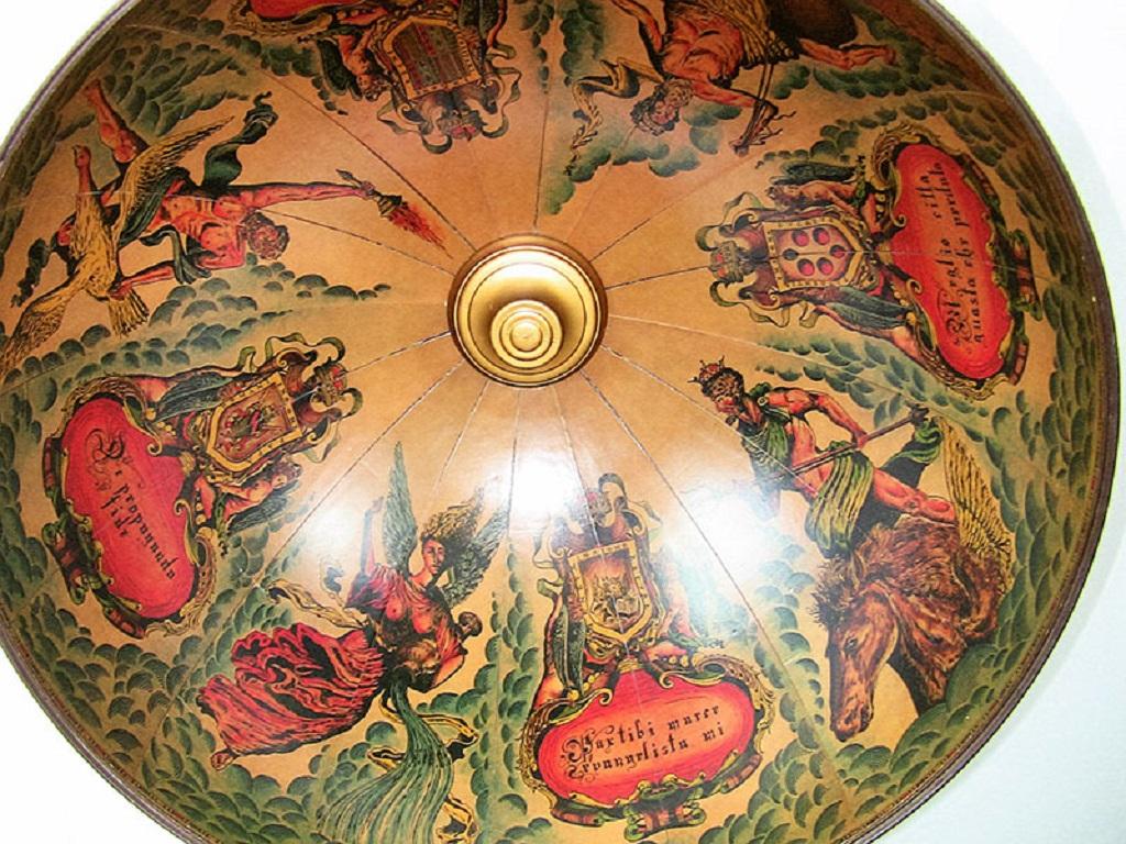Not made to deceive, but deceive it does, in classic 1950s ‘kitch’!!!

This globe was made in the 1950s probably in the UK, copying 15th century Italian Renaissance style globes.

At first glance it appears to be simply that, a replica of a 15th