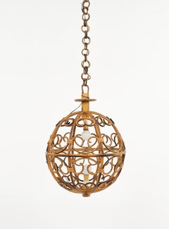 Midcentury Globe Chandelier in Rattan and Bamboo, Italy 1960s