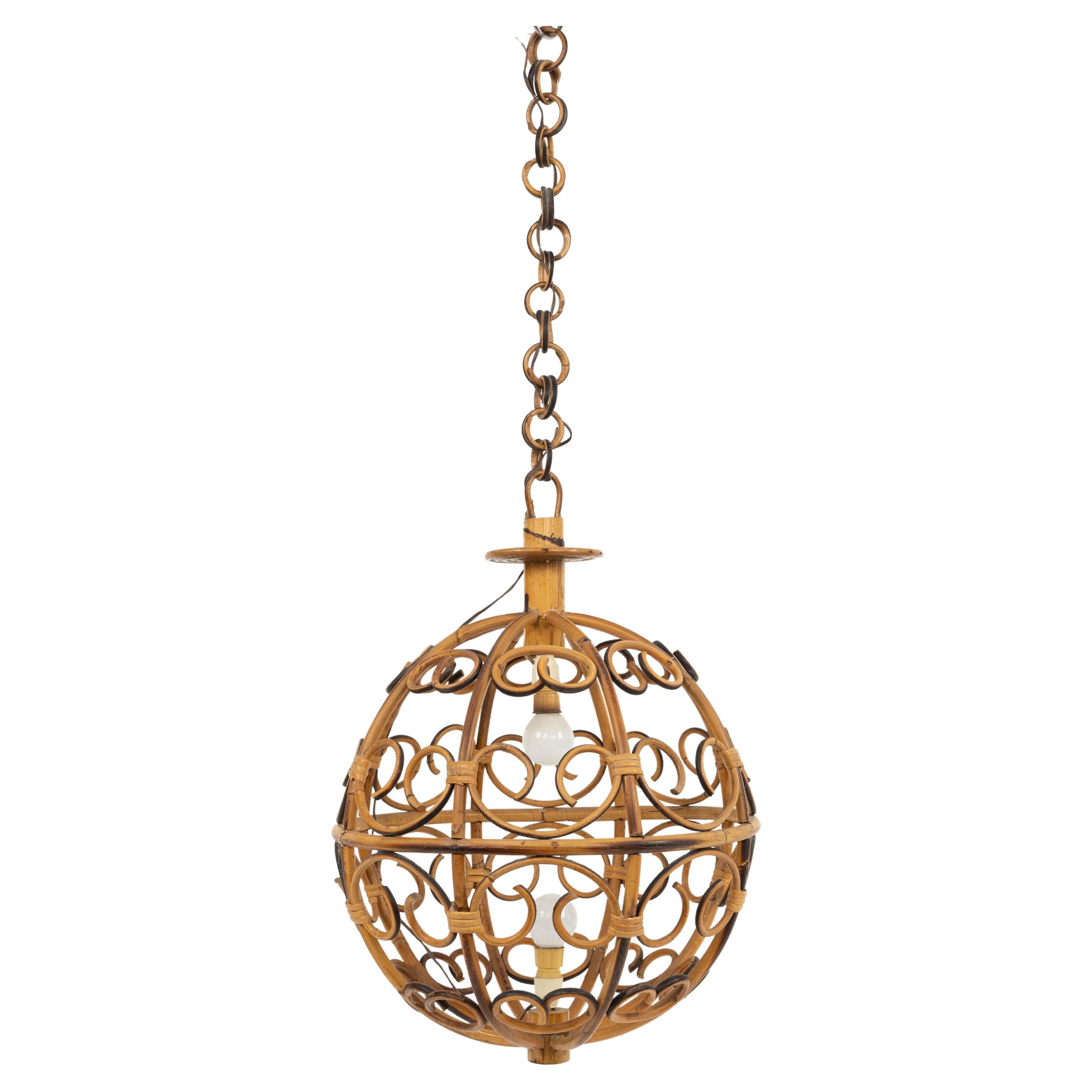 Midcentury Globe Chandelier in Rattan and Bamboo, Italy 1960s For Sale