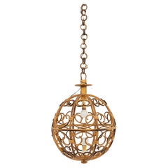 Midcentury Globe Chandelier in Rattan and Bamboo, Italy 1960s