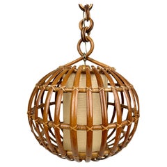 Midcentury Globe Chandelier Rattan and Bamboo, Italy 1960s