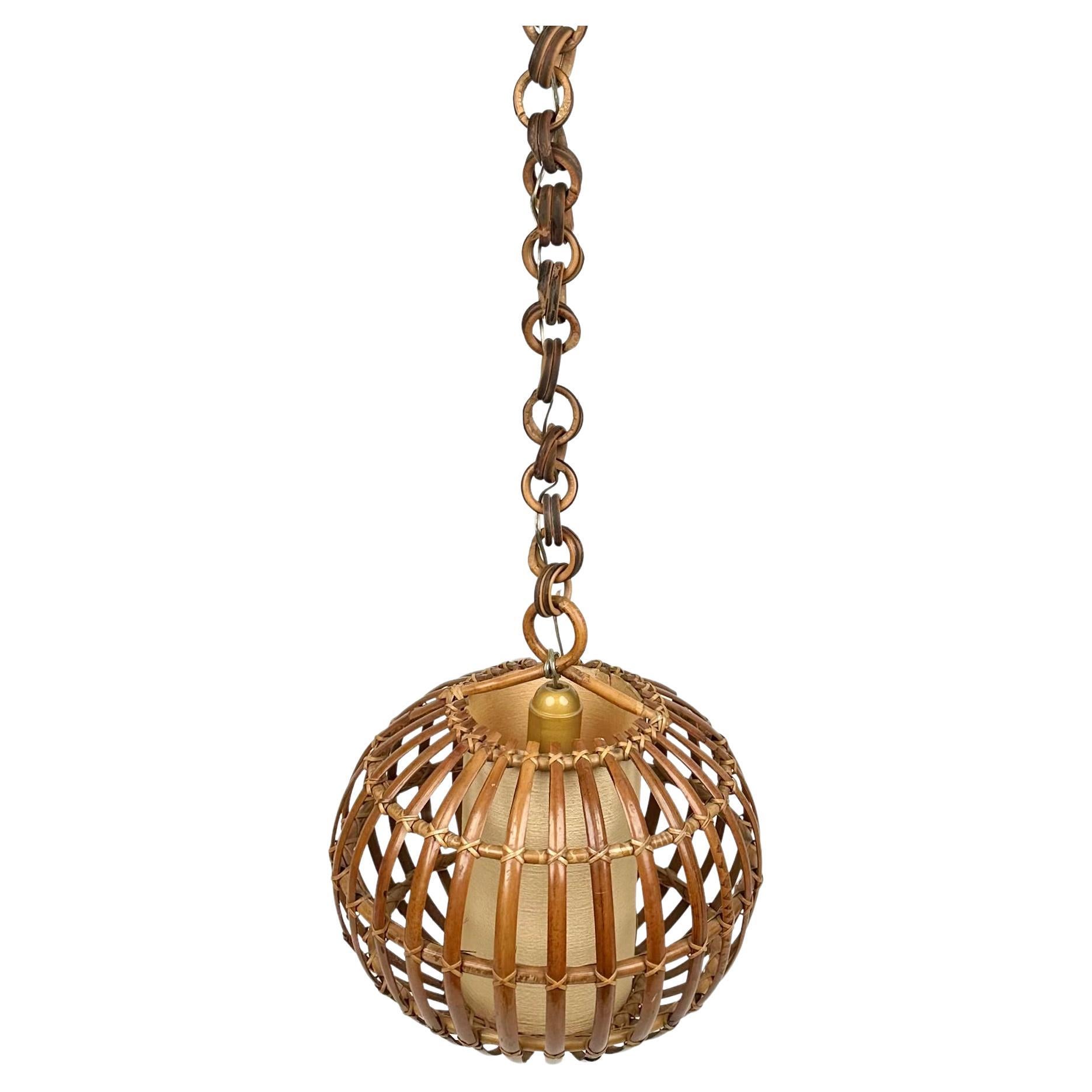 Midcentury Globe Chandelier Rattan and Bamboo, Italy 1960s 1