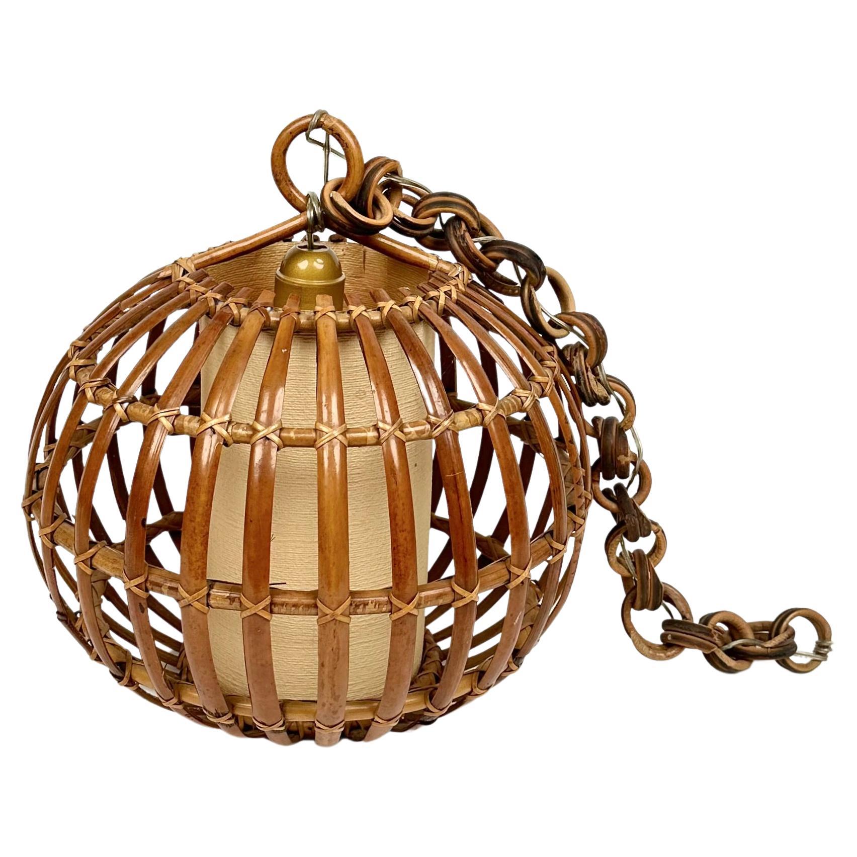 Midcentury Globe Chandelier Rattan and Bamboo, Italy 1960s 2