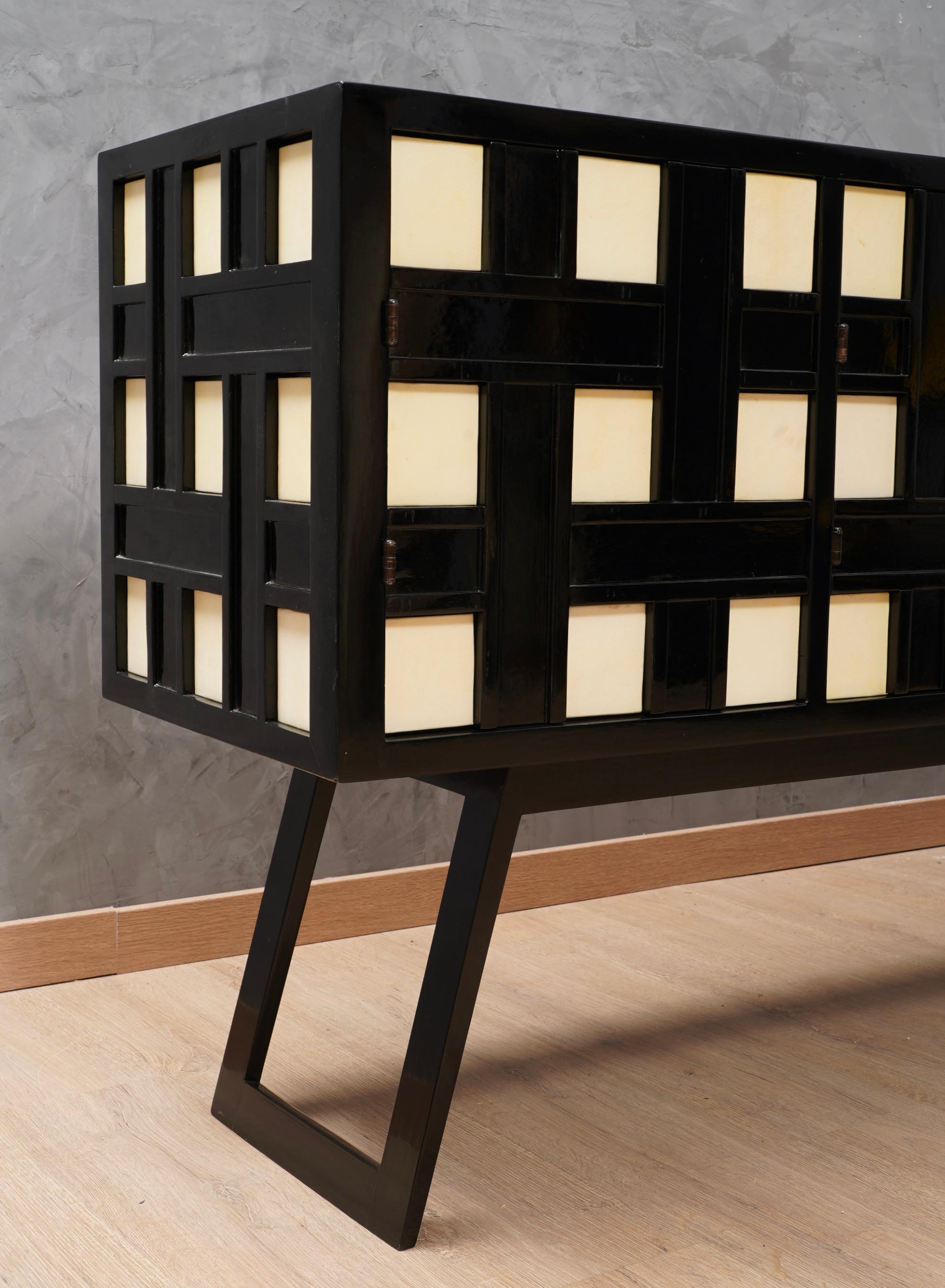 Late 20th Century MidCentury Goatskin and Black Lacquer Italian Sideboard, 1970